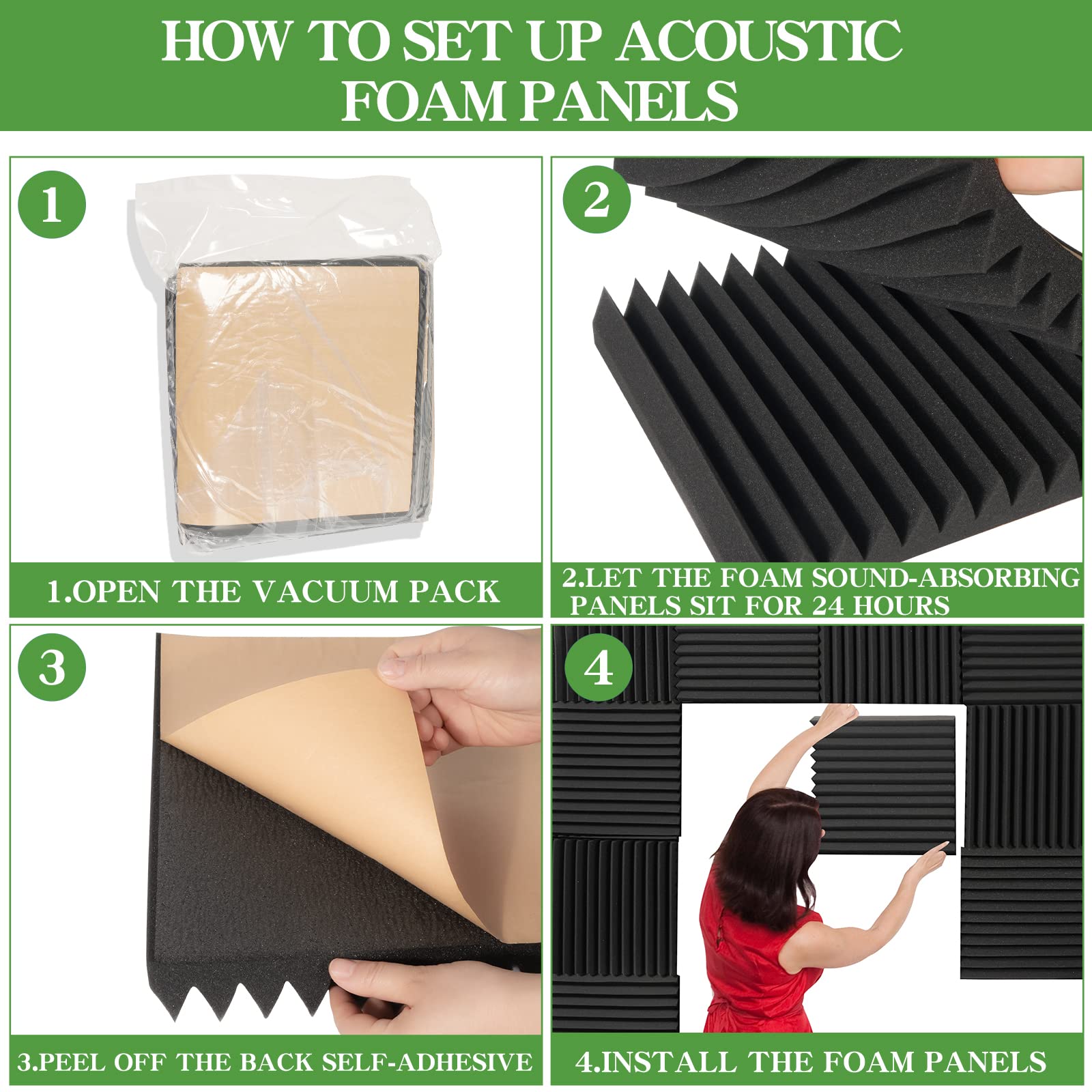 24 Pack Acoustic Panels Self-Adhesive, 2'' X 12'' X 12'' Sound Proof Foam Panels, Quick-Recovery Acoustic Foam Wedges,High Densi