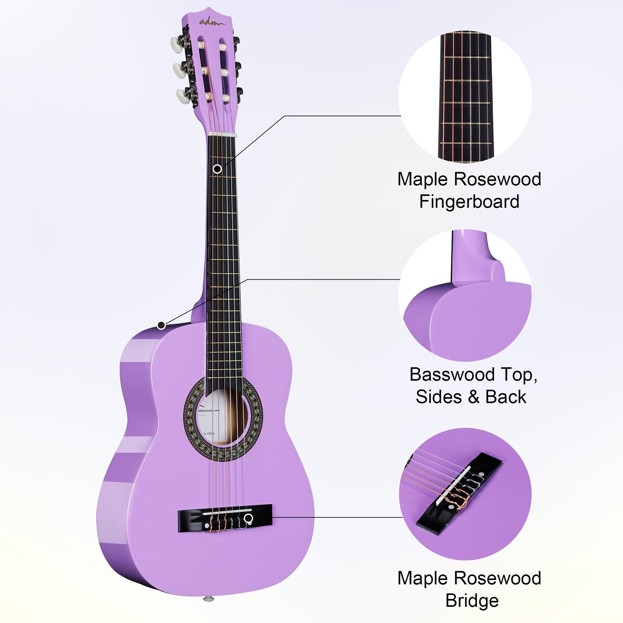 ADM Beginner Acoustic Classical Guitar 30 Inch Nylon Strings Wooden Guitar Bundle Kit for Kid Boy Girl Student Youth Guitarra On