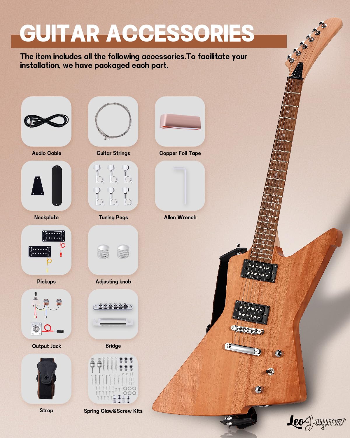 Leo Jaymz DIY Electric Guitar Kits - Mahogany Body, Mahogany Neck and Laurel Wood Fingerboard - Fully Components Included (AX)