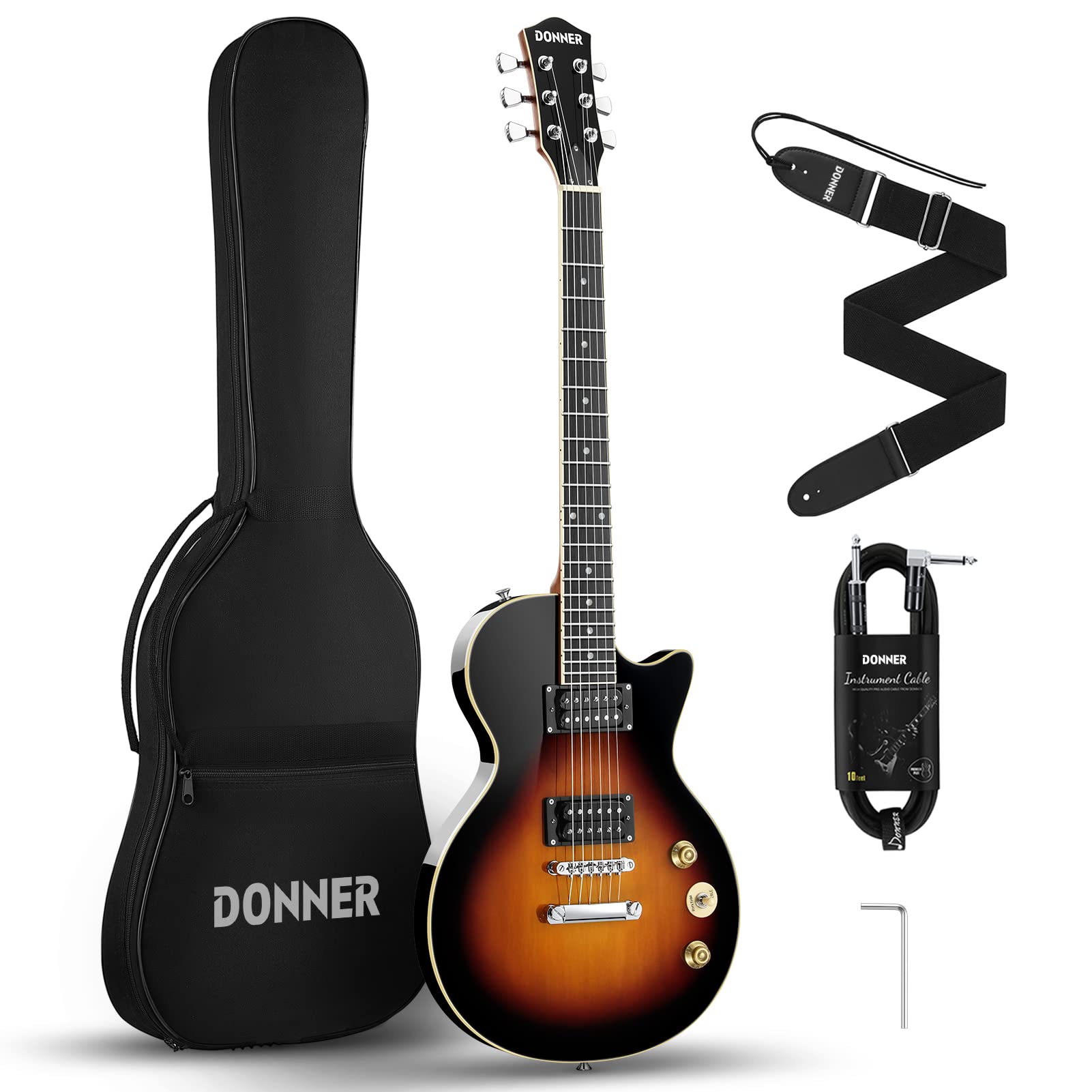 Donner Electric Guitar Lp Solid Body, Full-Size 39 Inch Electric Guitar Beginner Kit Black With Bag, Cable, Strap, Dlp-124B