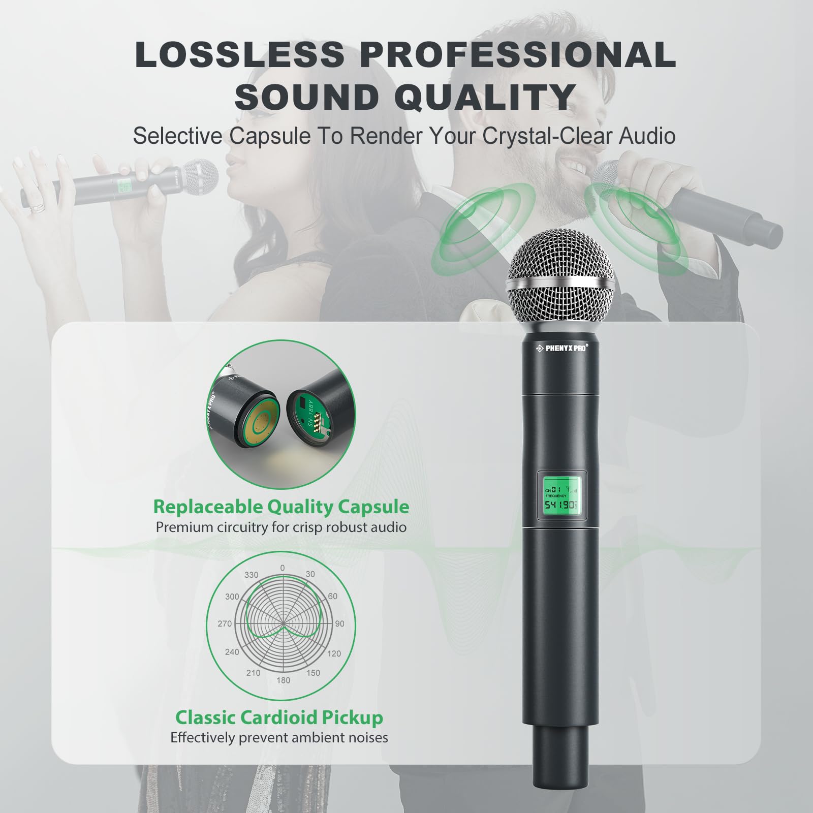 Phenyx Pro Wireless Microphone System, 4-Channel UHF Wireless Mic Set with Handheld/Bodypack/Headset/Lapel Mics, Fixed Frequency