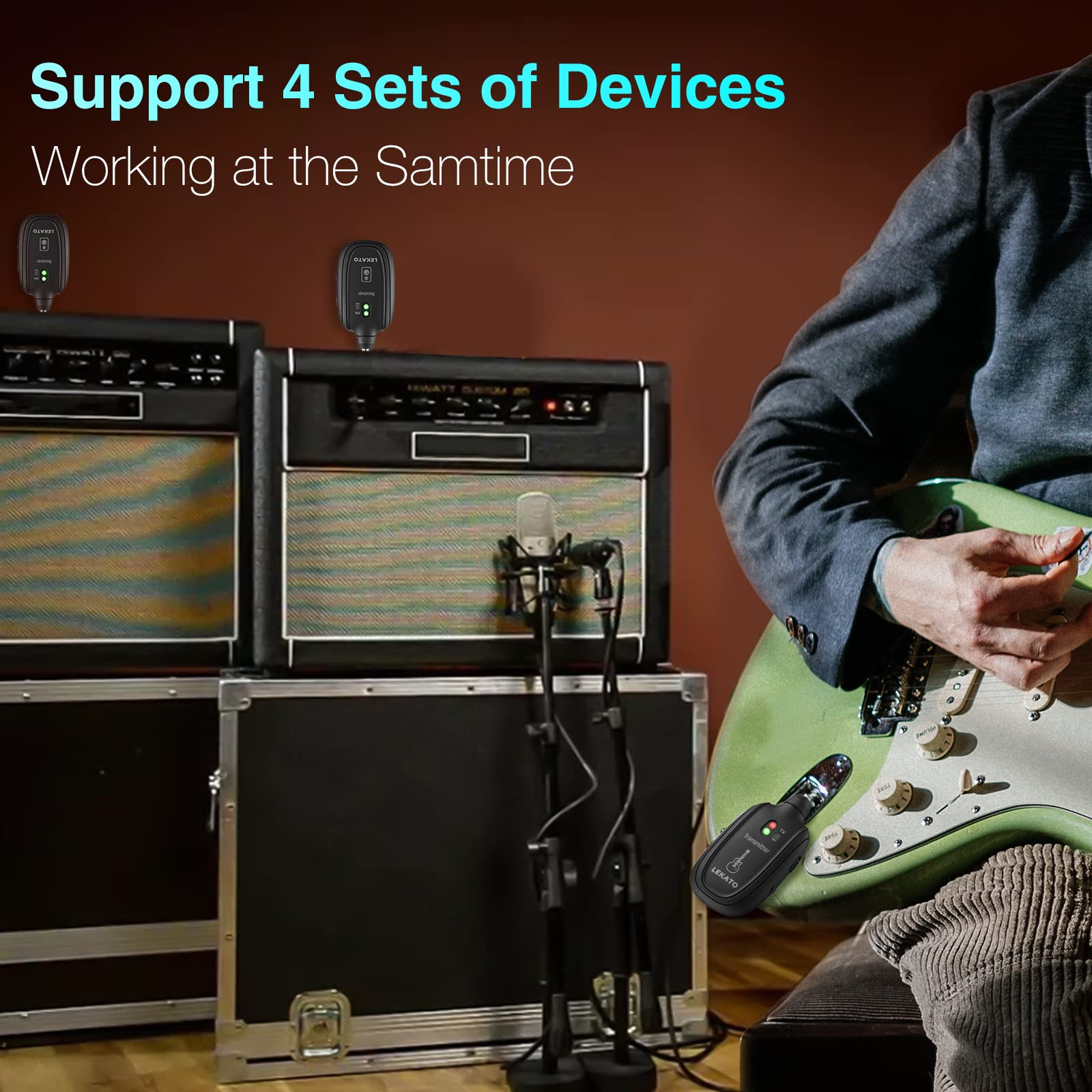 LEKATO Wireless Guitar System Built-in Rechargeable 4 Channels Wireless Guitar Transmitter Receiver for Electric Guitar Bass Vio