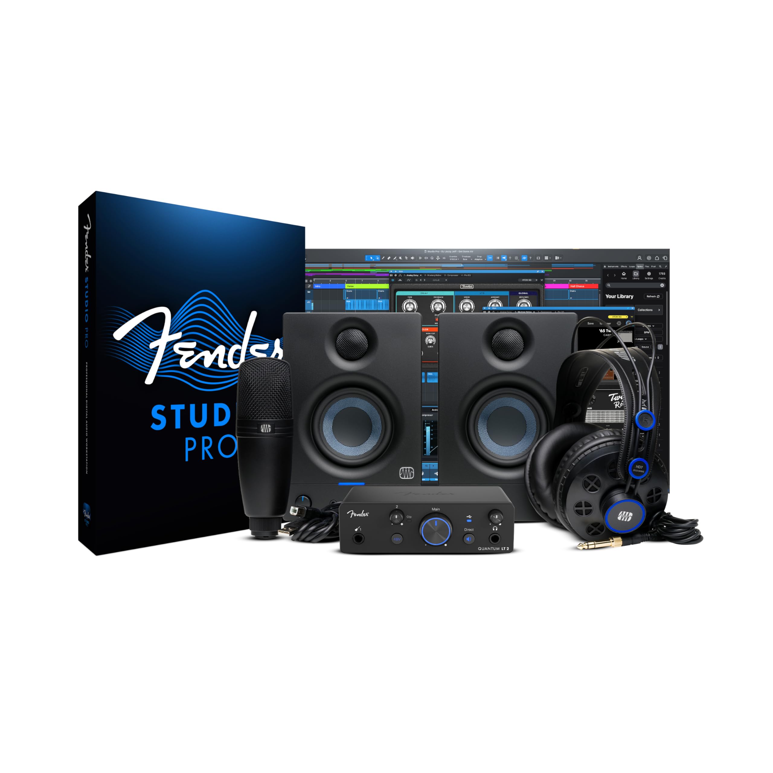 Fender Quantum Complete Bundle | Home Recording Studio Kit with USB-C LT 2 Audio Interface, M7 MkII Condenser Mic, HD7 Headphone