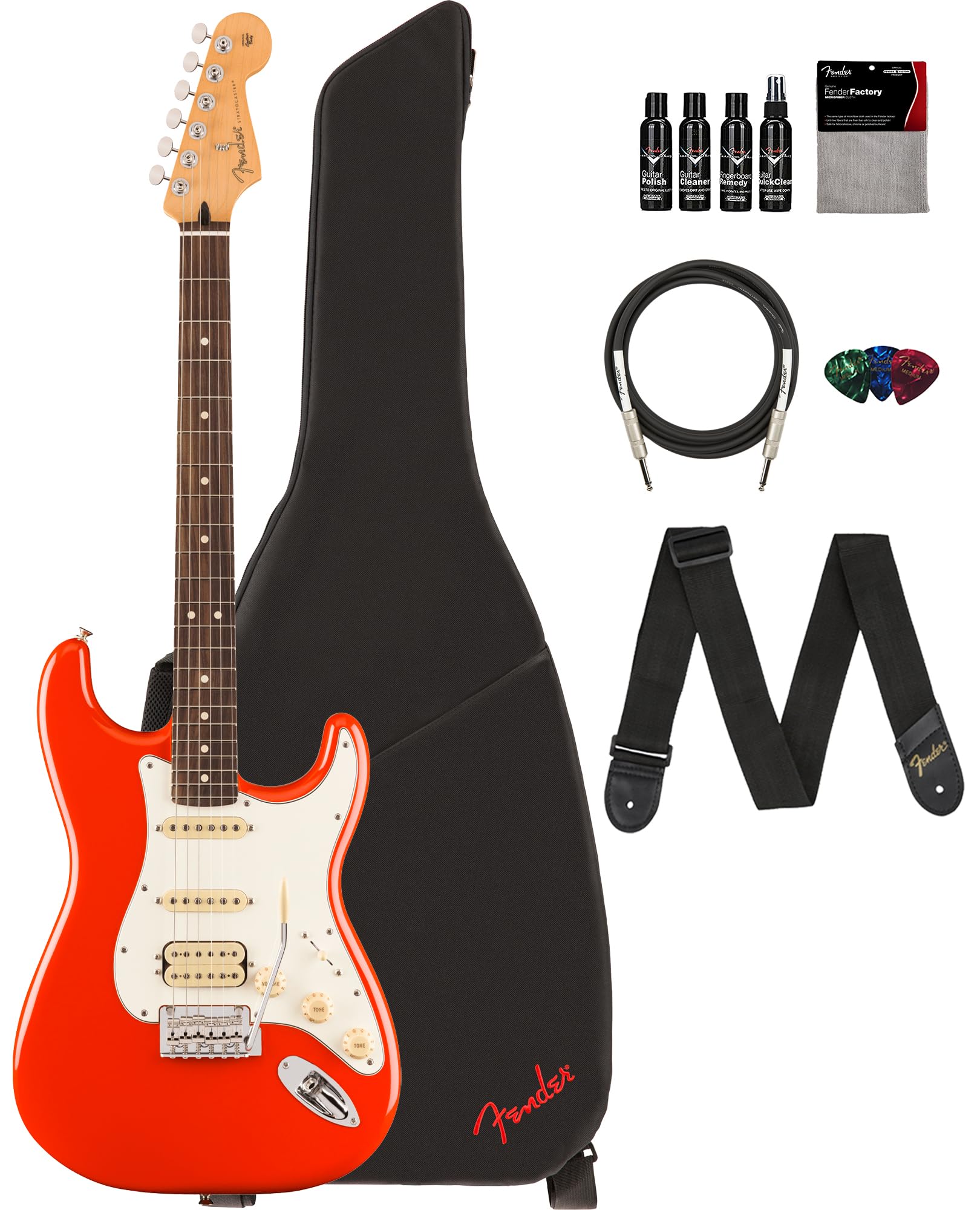 Fender Player Ii Stratocaster Hss - Coral Red Bundle With Gig Bag, Strap, Cable, 3-Pack Picks And Guitar Cleaning Kit