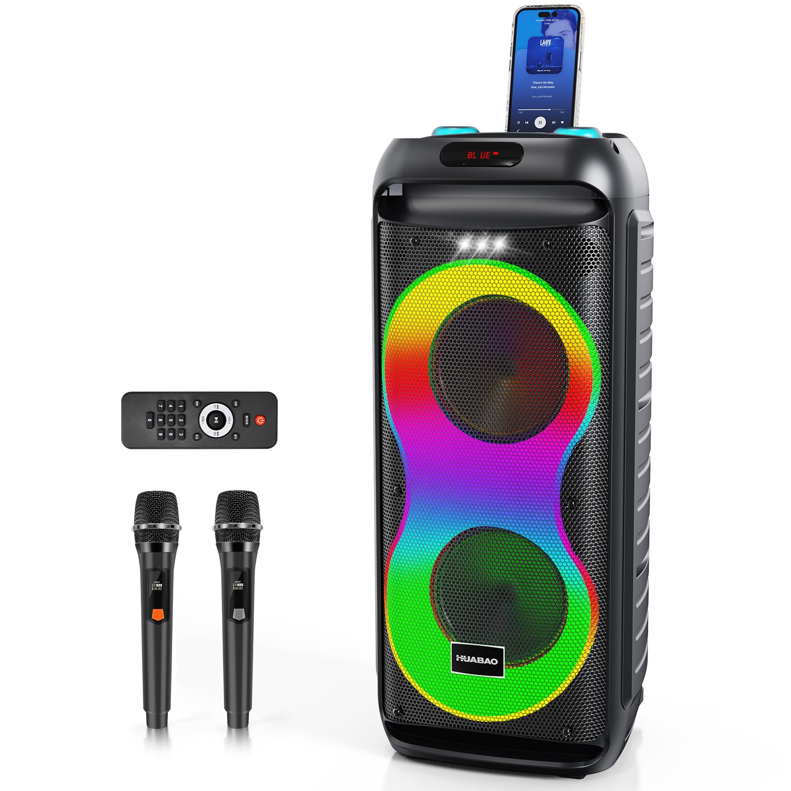 HUABAO Bluetooth Karaoke Speaker with 2 Wireless Microphones - 40W Portable PA System with LED Lights, TWS Pairing, 6.5    Dual 