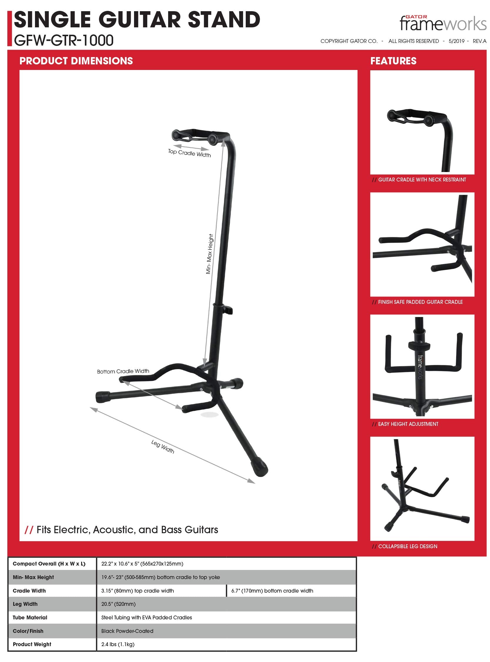 Gator Frameworks Adjustable, Holds Single Electric Acoustic Guitar Stand (GFW-GTR-1000), Black, 54 x 40 x 44''