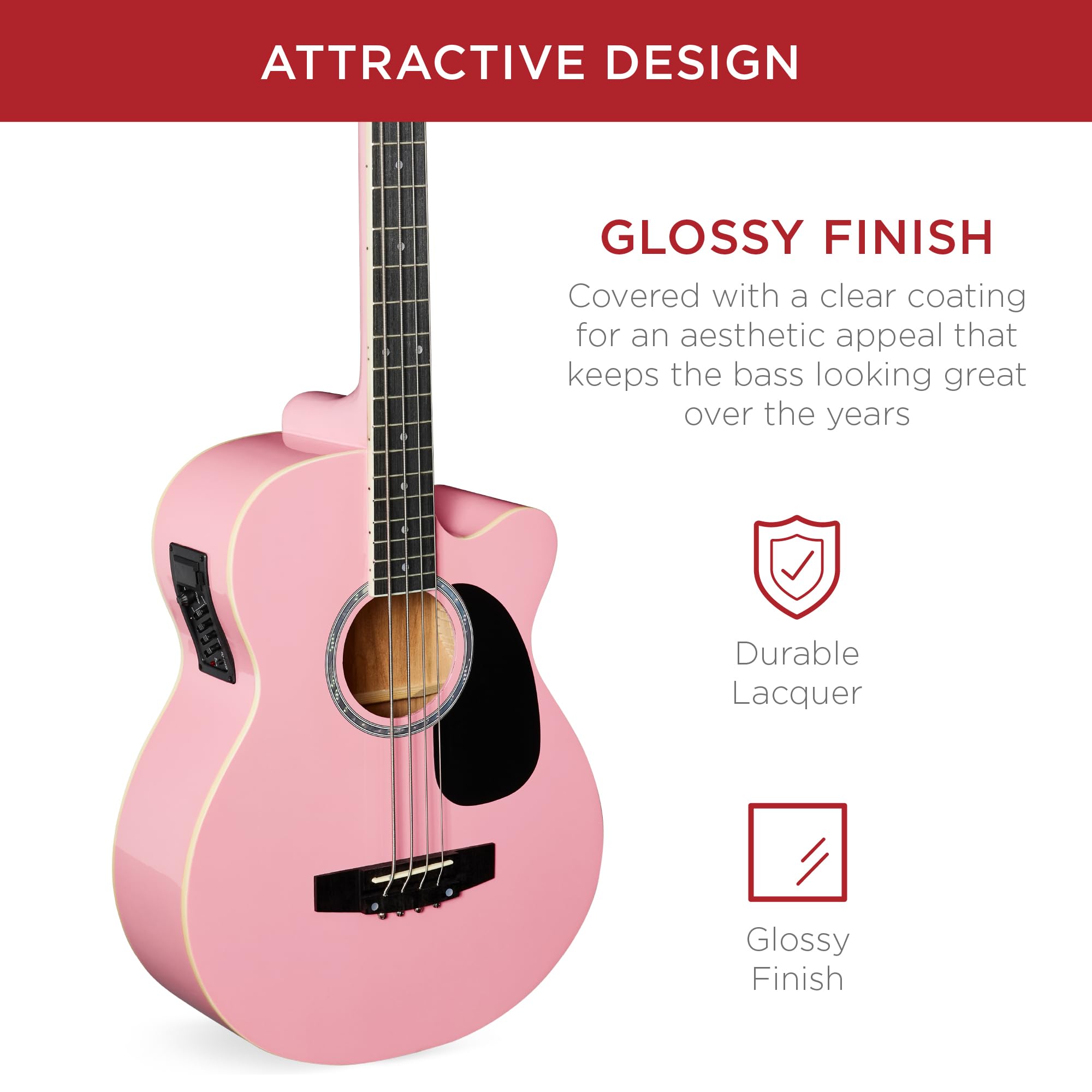 Best Choice Products Acoustic Electric Bass Guitar, Full Size 4 String, Fretted Bass Guitar w/Padded Gig Bag - Pink