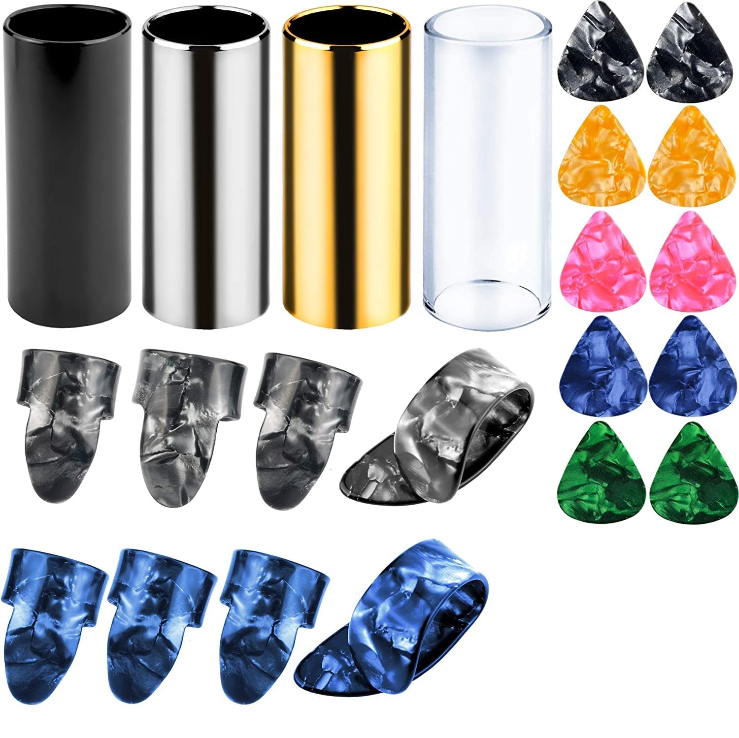 Augshy 4 Pieces Medium Guitar Slides For Acoustic,Stainless Stell Guitar Slides For Electric,Glass Guitar Slide And 8 Pieces Pla