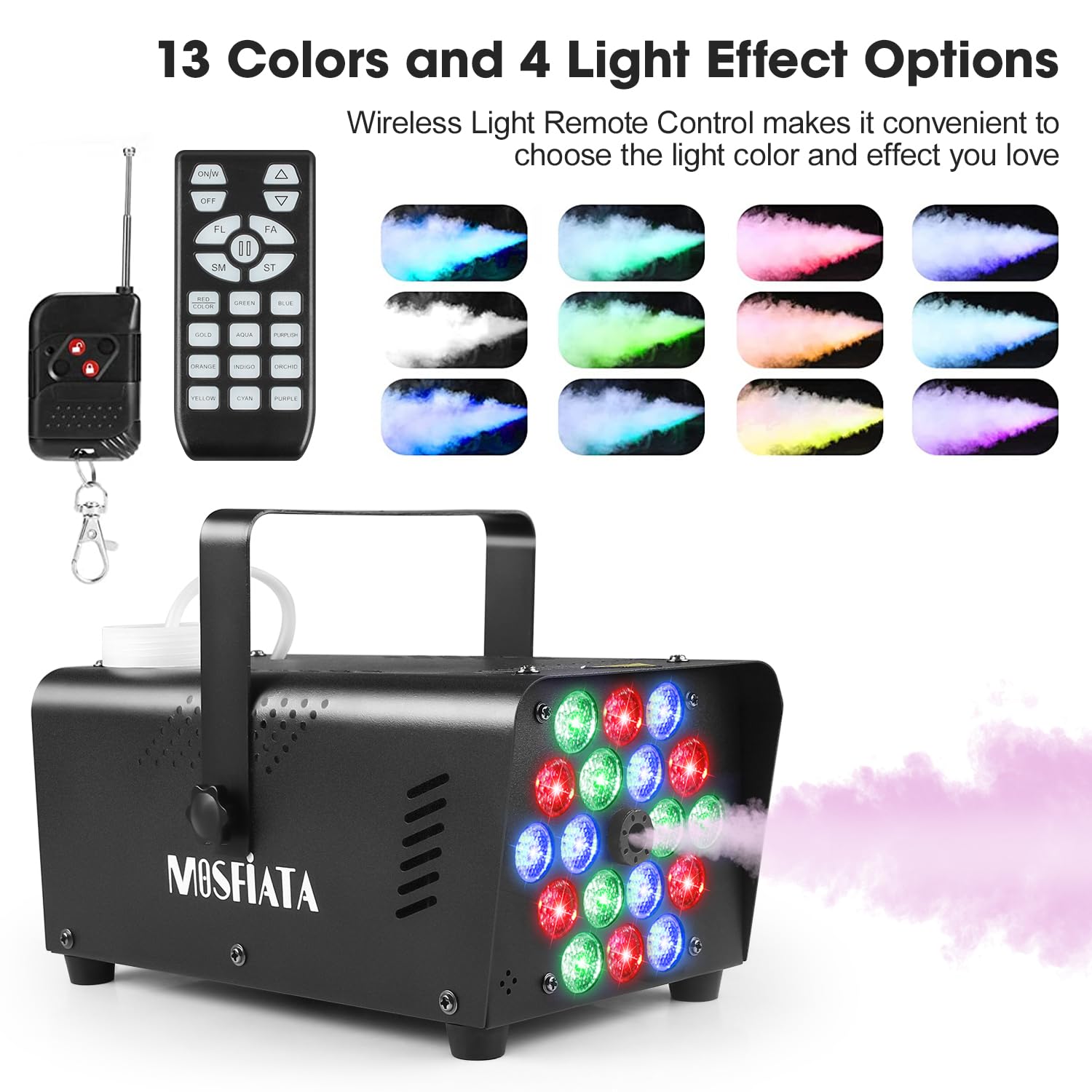 Fog Machines with Lights, MOSFiATA 600W Smoke Machine with 18 RGB LED Lights, 2300 CFM Spray, Remote Control, Perfect for Hallow