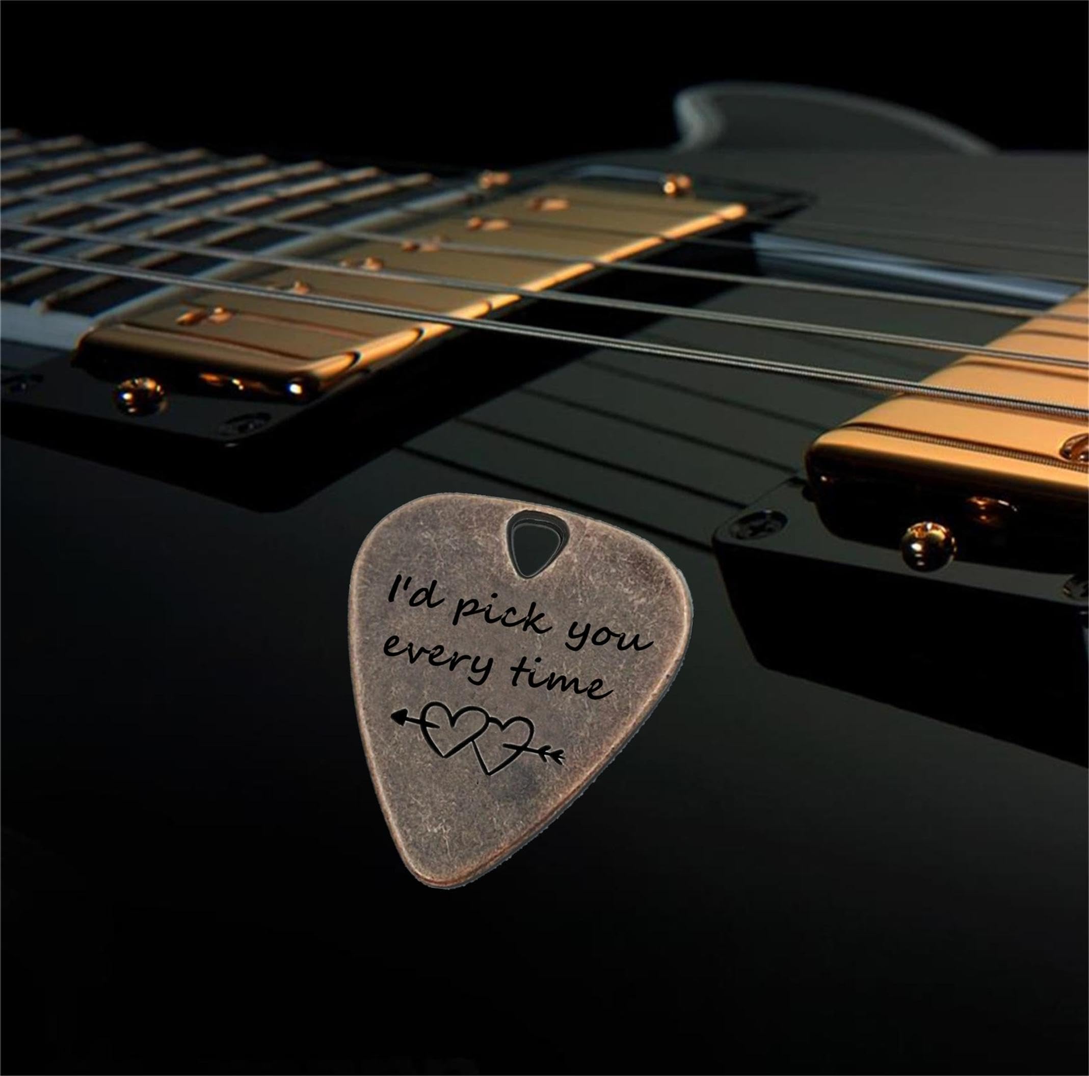 JUPPE Guitar Picks, I'd Pick You Every Time Bronze Guitar Pick With Leather Case, Music Birthday Gifts For Couples (Bronze- I'd