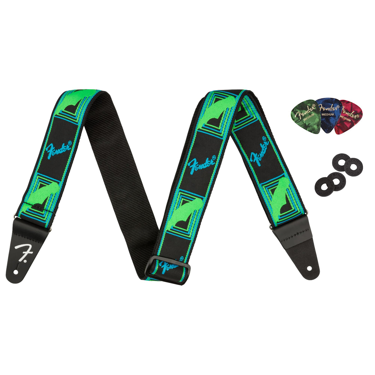 Fender Neon Monogrammed 2-Inch Guitar Strap - Blue And Green Bundle With Strap Blocks And Picks