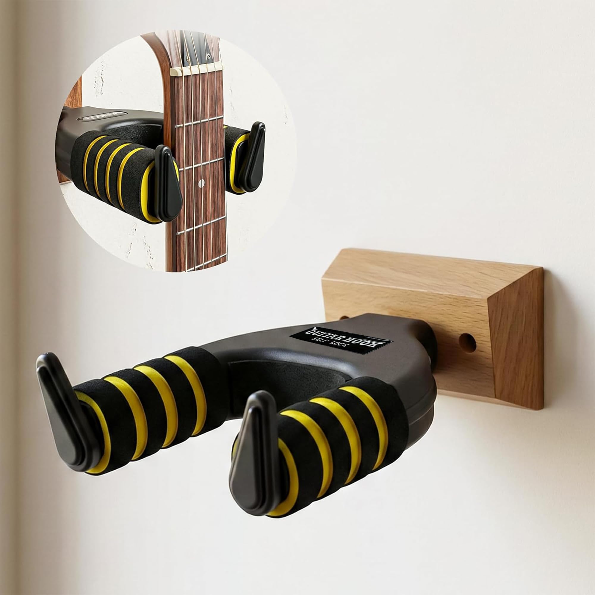 Arctic Guitar Hook Self Lock Wall Mount Hanger With Padded Arms, Black And Yellow, Wood Base Holds Upto 11 Kg.(Auto-Lock) (Styli