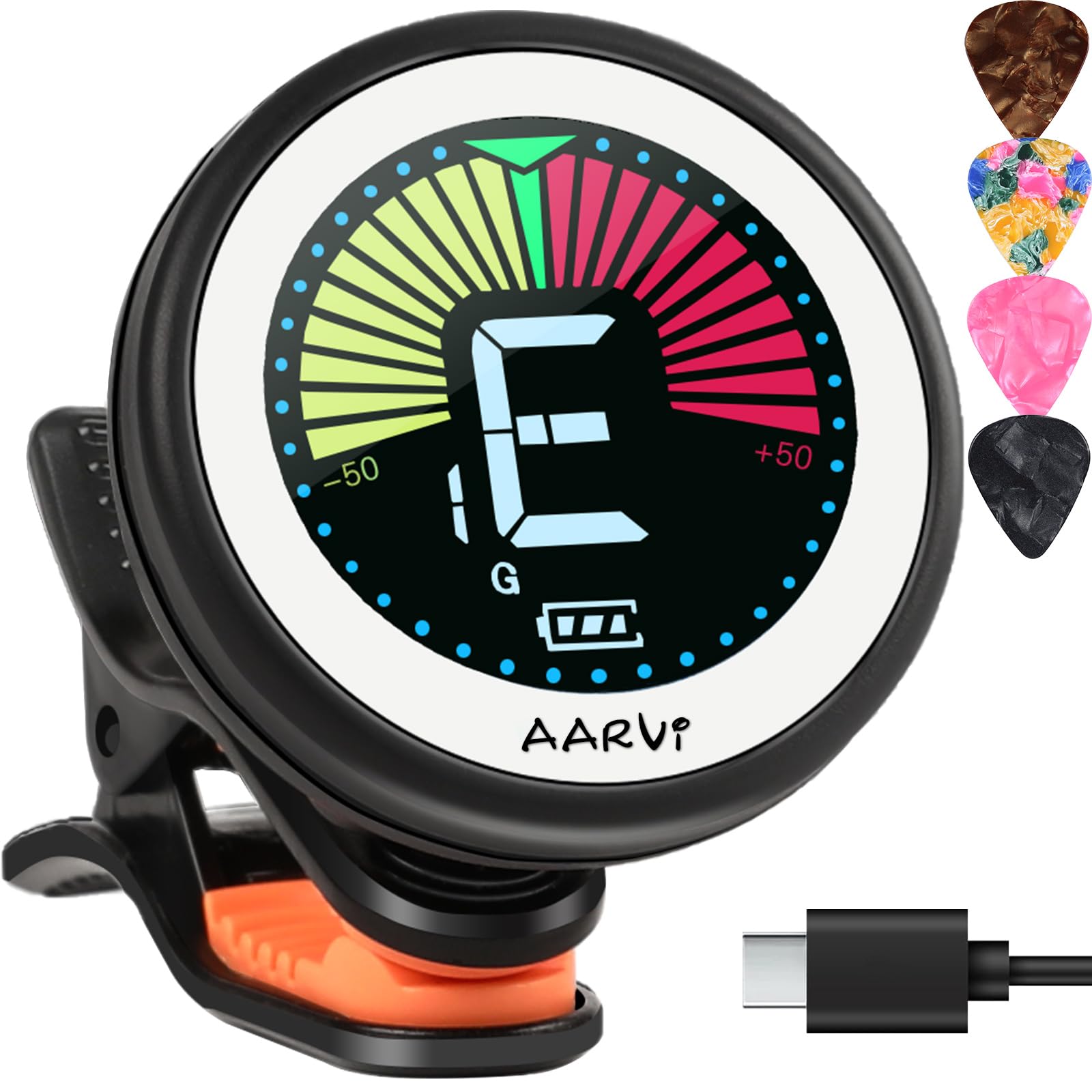 Clip on guitar tuner rechargeable, for all instruments, acoustic/electric guitar, ukulele, bass, violin, Banjo, color LCD, semit