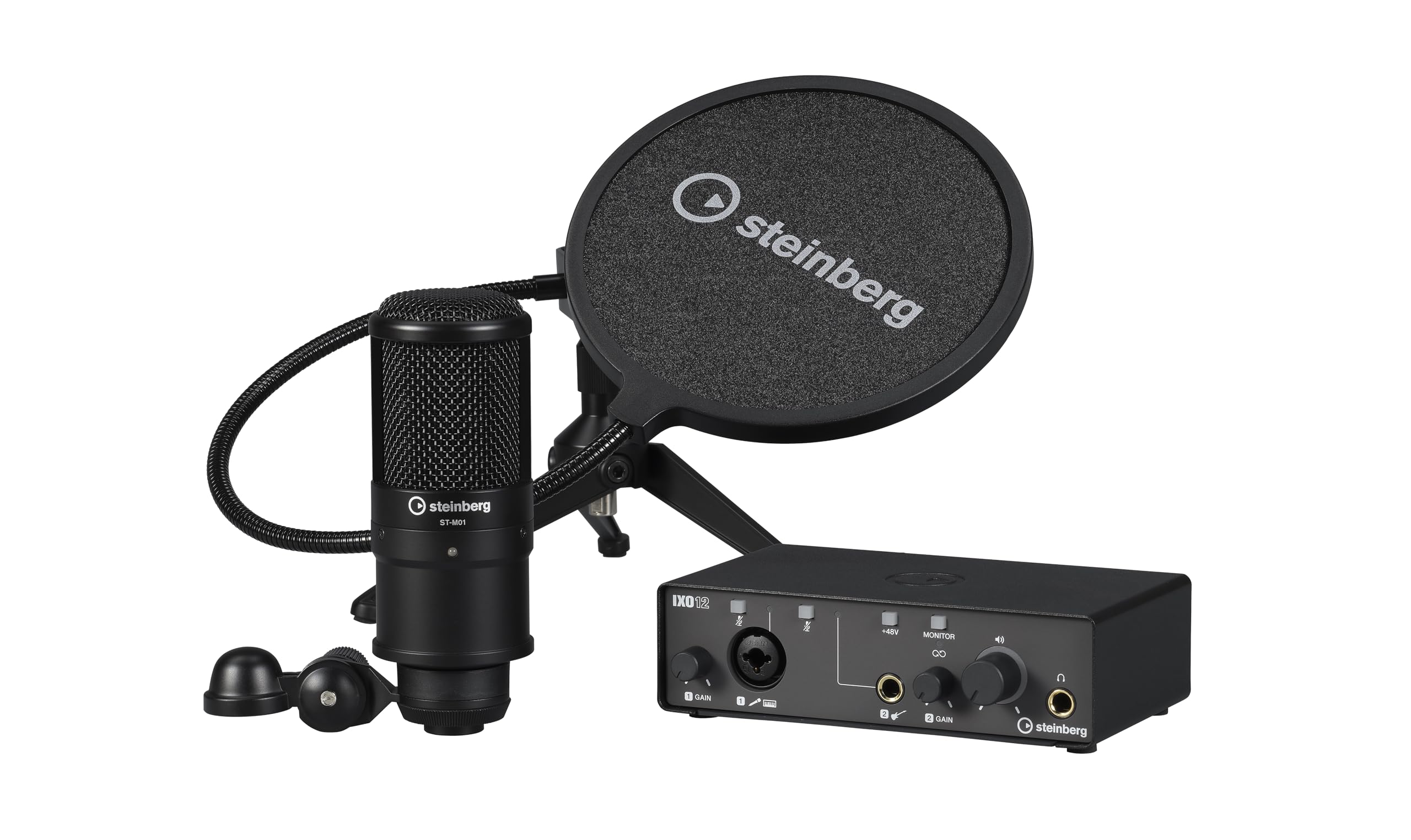 Steinberg Podcast Pack With Ixo12 Audio Interface, Studio Condenser Mic, Pop Shield, Cable, Table Top Stand, Cubase Ai, Cubasis 