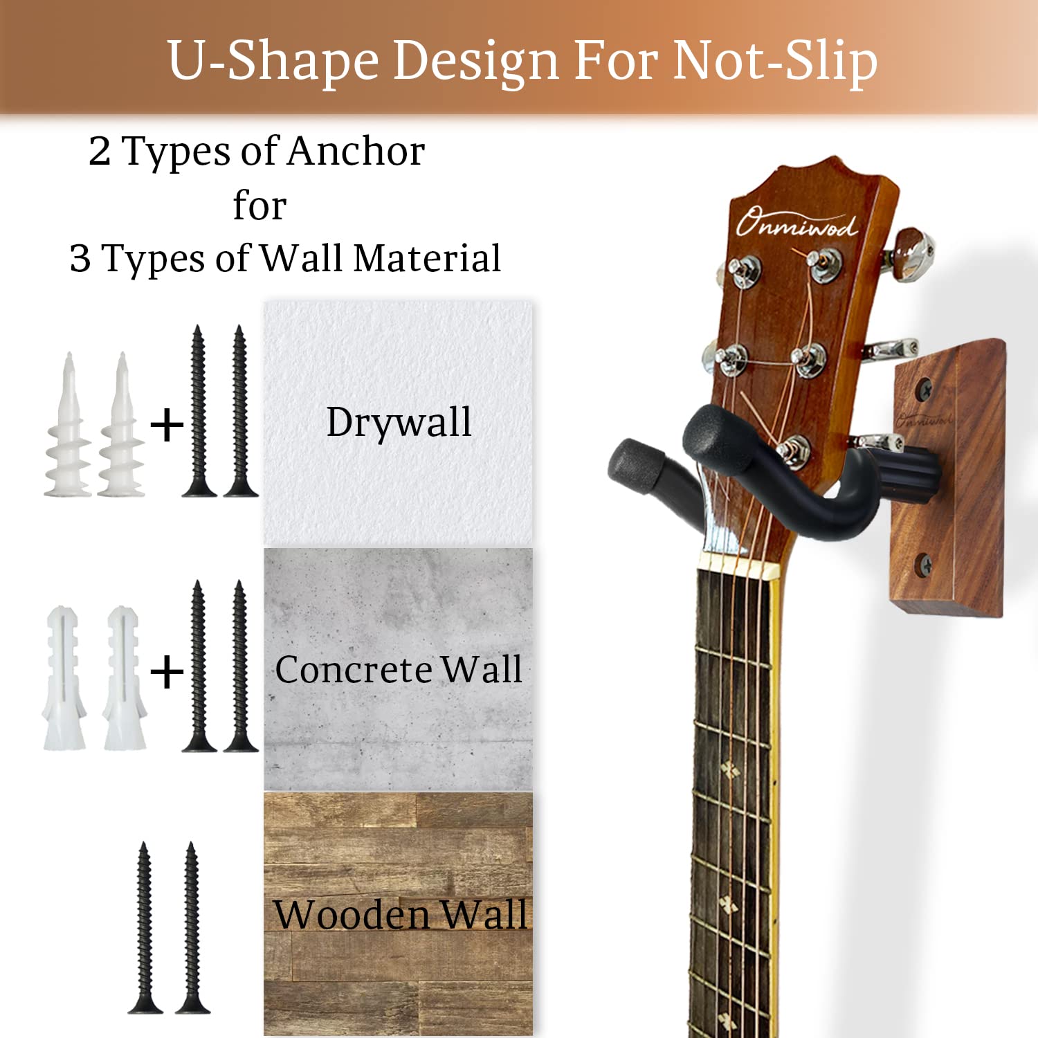Guitar Wall Mount 3 Pack, Black Walnut Wood Guitar Hanger, U-Shaped Guitar Wall Hanger Mount, Guitar Holder Hook Stand Wall for