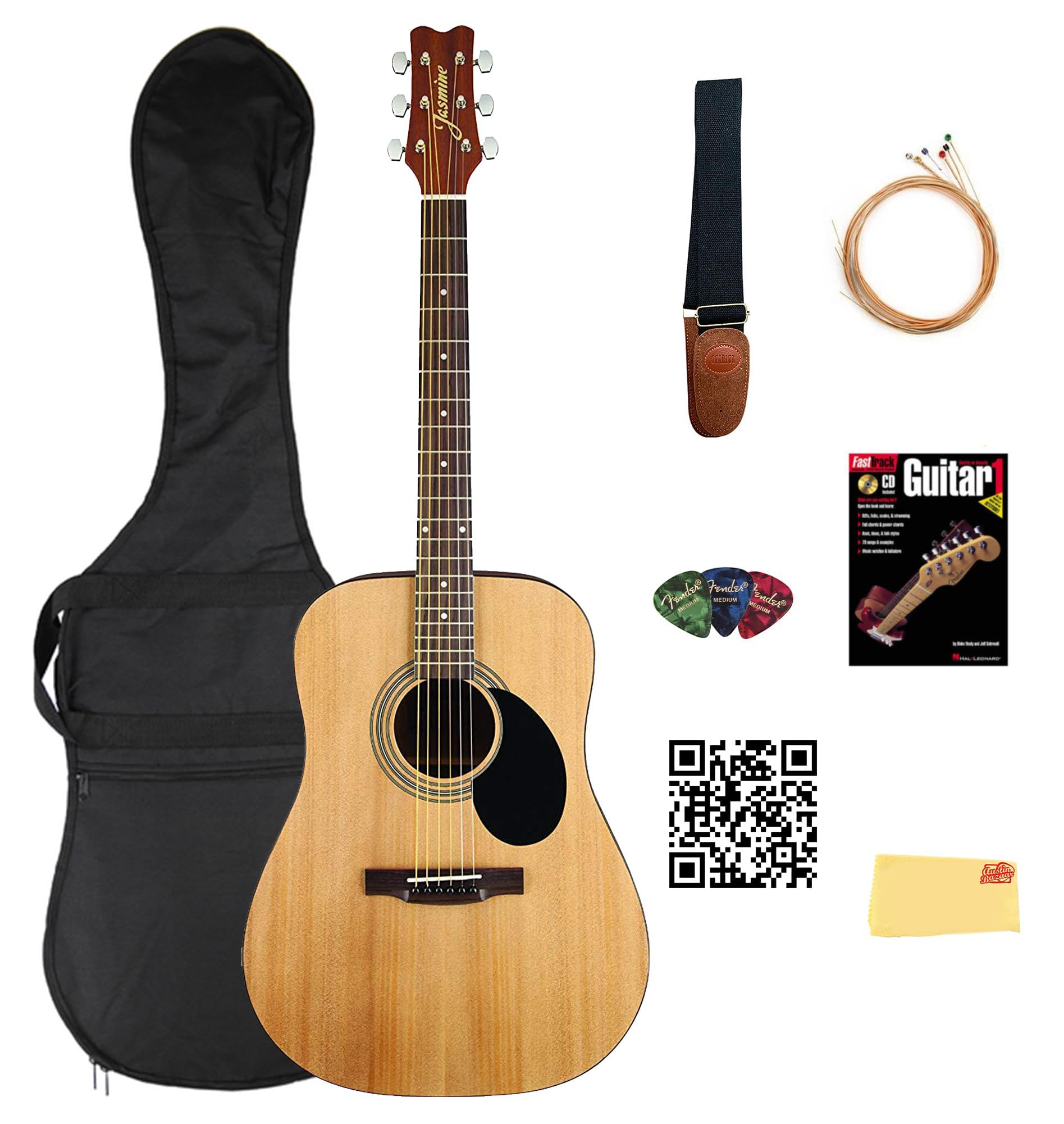 Jasmine S35 Dreadnought Acoustic Guitar - Natural Bundle With Gig Bag, Strap, Strings, Picks, Instructional Book, Austin Bazaar