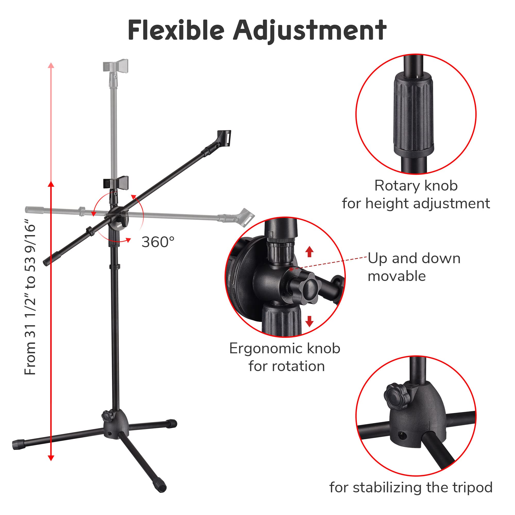 AW Adjustable Height Tripod Boom Microphone Stand Floor Dual Mic Clip Holder 90-degree Rotating Folding Type Boom Arm Tripod for