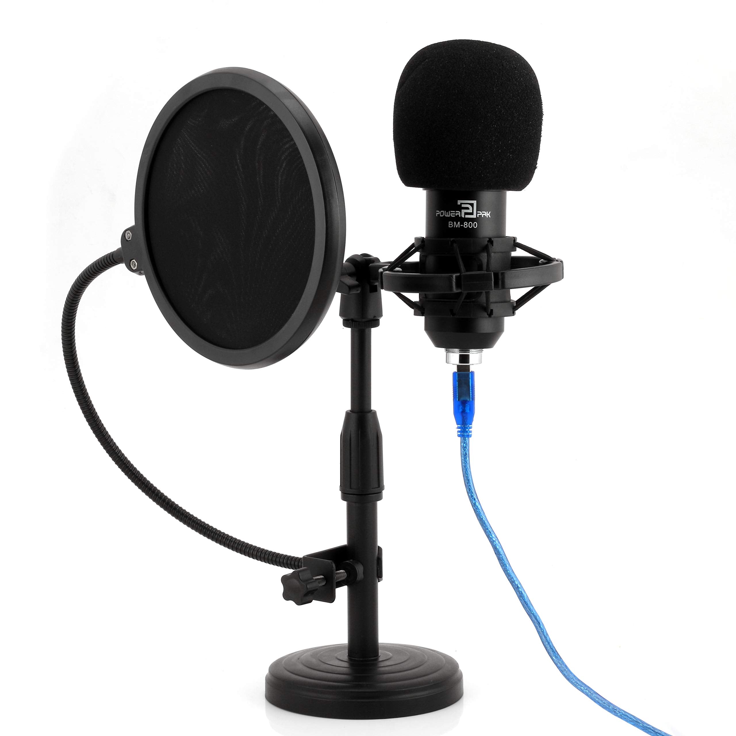 Powerpak Bm-800 Black Condenser Microphone With Mini Pole Stand Pop Filter Shock Mount Foam Cap Usb Cable | No Driver Just Plug 