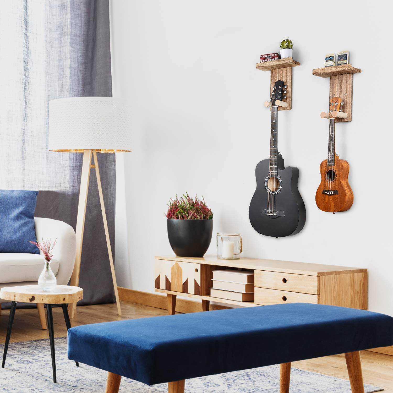 Keebofly Guitar Wall Mount,2 Pack Guitar Wall Hanger Holder Guitar Hanger Shelf with Pick Holder Wood Guitar Rack for Acoustic o