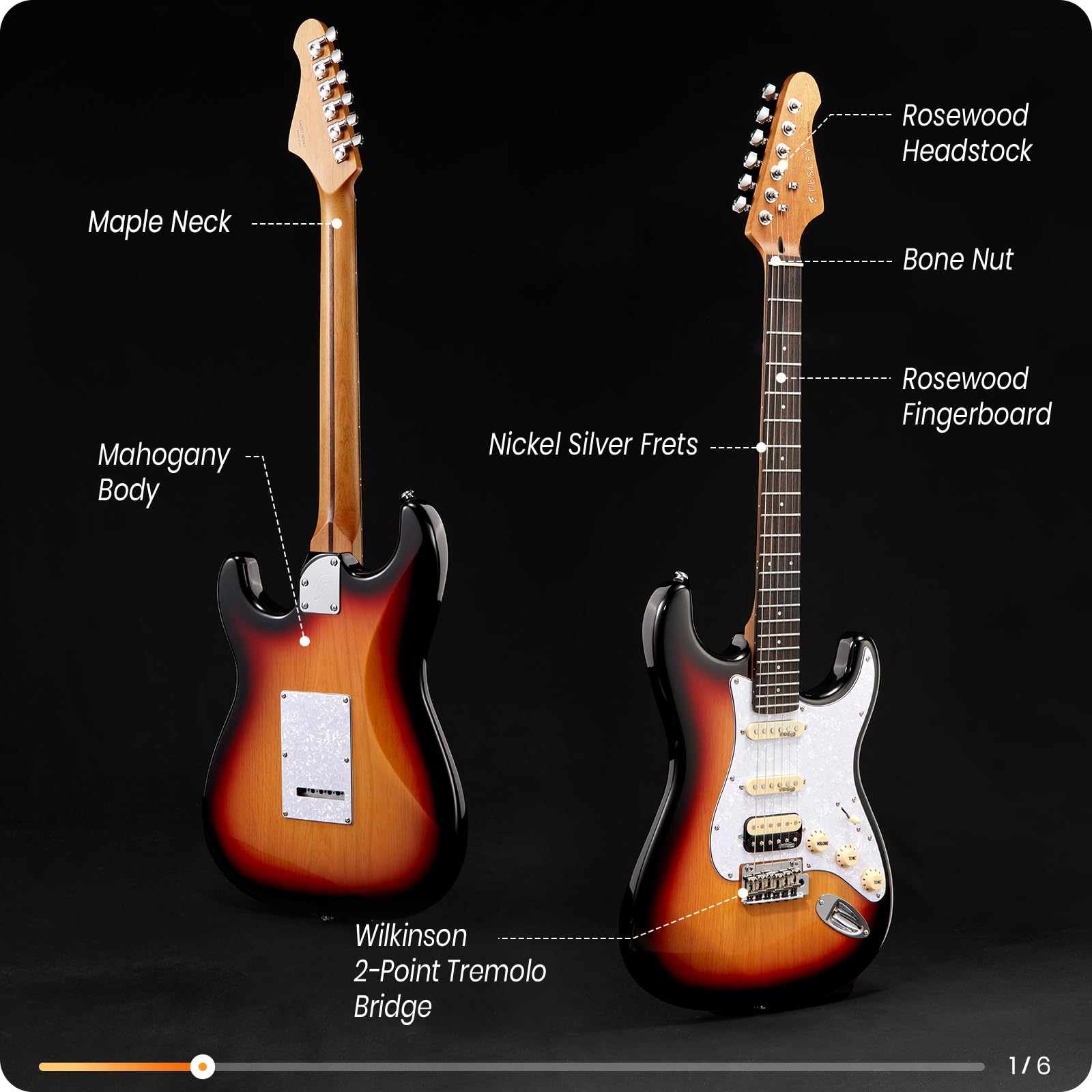 Fesley 39'' Electric Guitar:Solid Body Electric Guitars for Intermediate &Pro Players with Wilkinson Pickups,Grover Tuners,6 Str