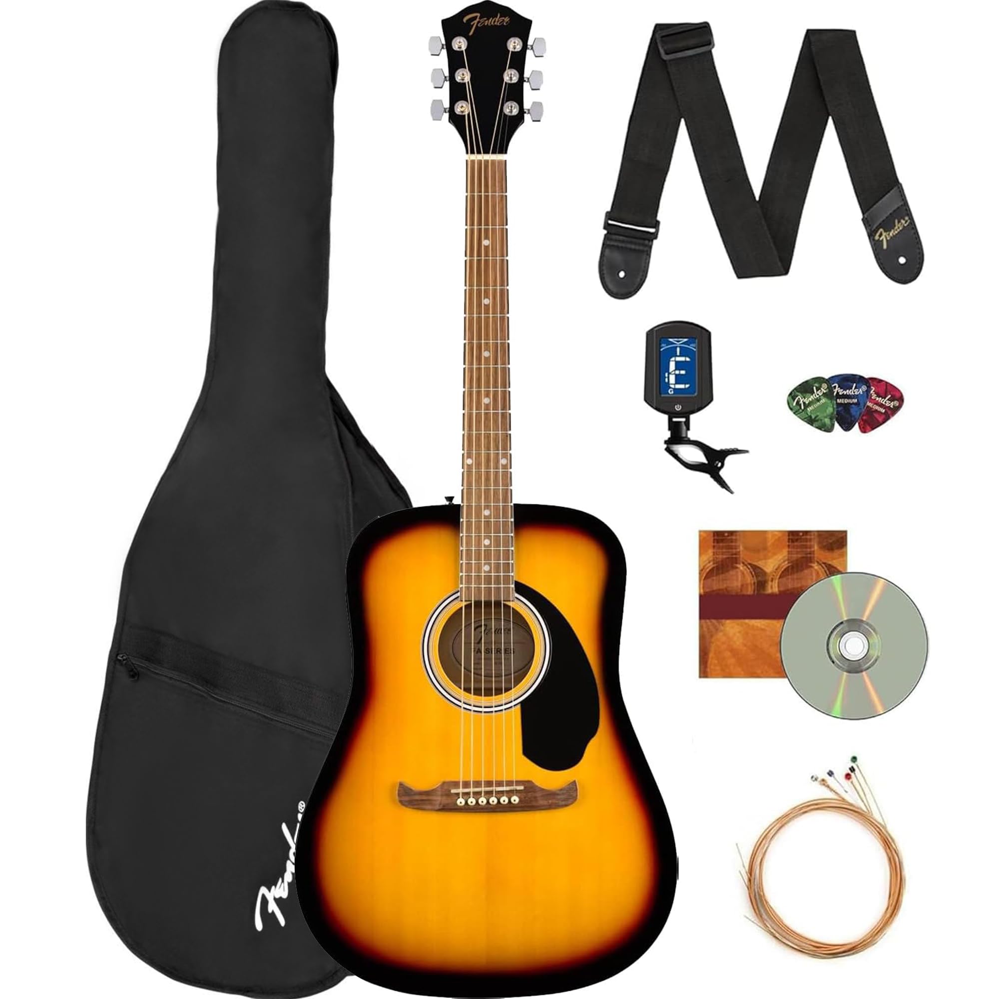 Fender Fa-125 Acoustic Guitar - Sunburst Bundle With Gig Bag, Tuner, Strings, Strap, Picks, And Austin Bazaar Instructional Dvd