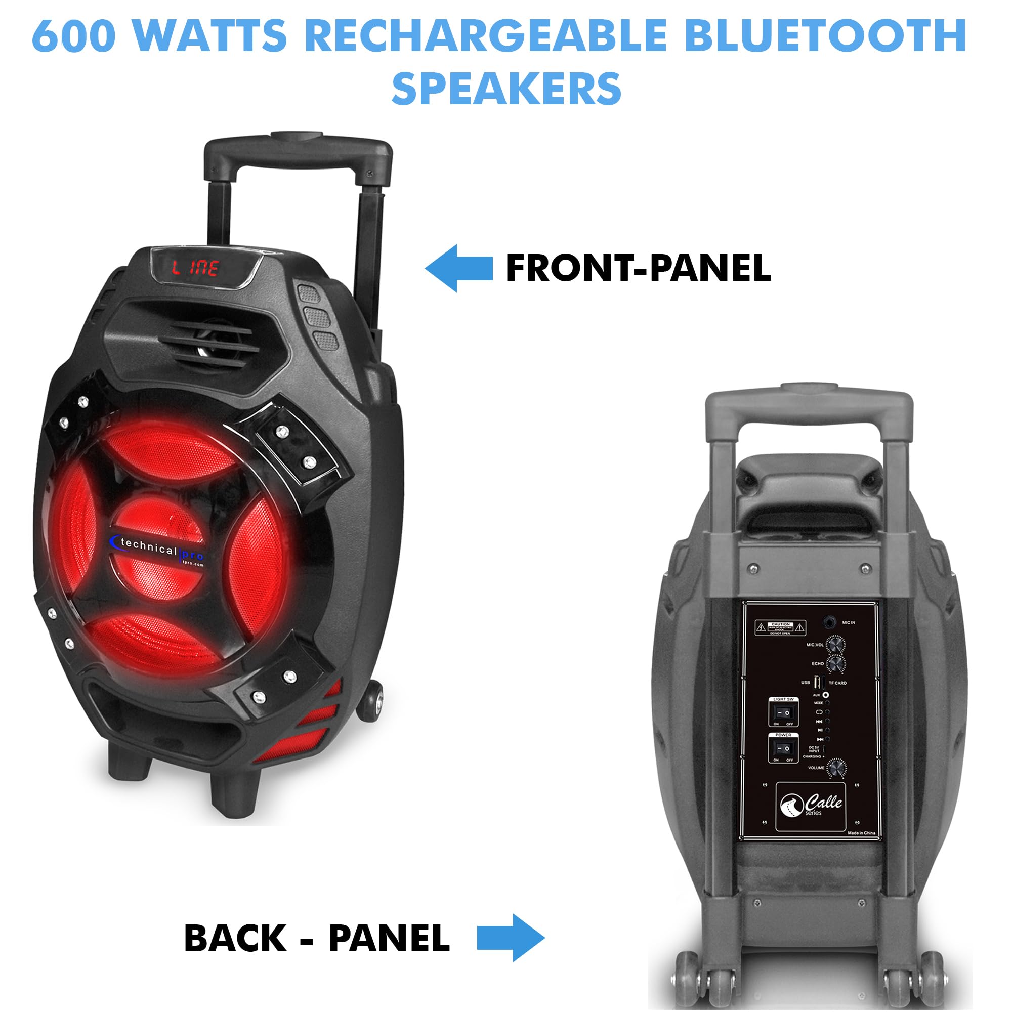 Technical Pro 600 Watts Rechargeable Bluetooth Speakers with Built-in Battery, USB, Mic, Aux and SD Card Inputs Portable LED Spe