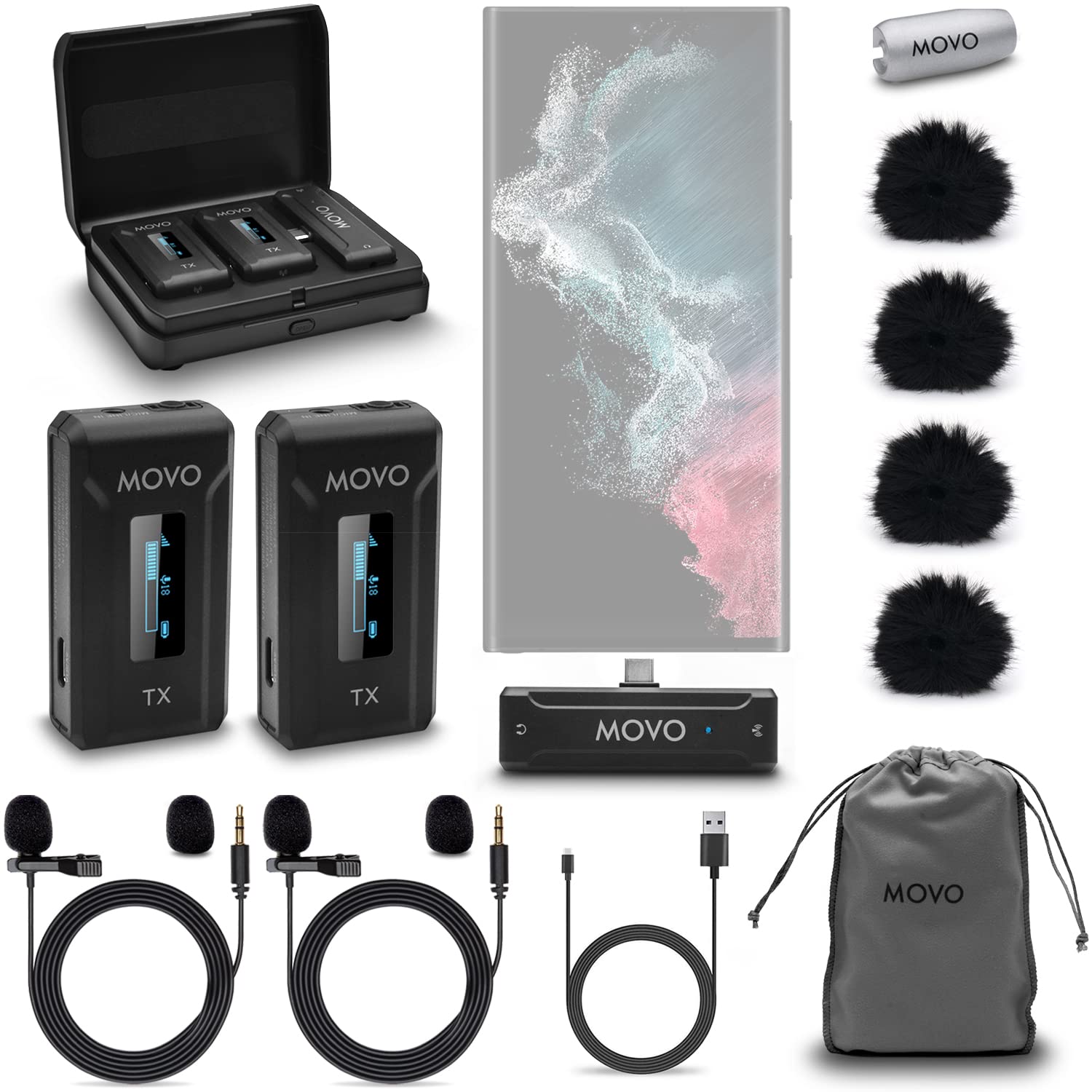 Movo WMX-2-C Duo Wireless Microphone System for USB-C - Dual Clip-On Lavalier Mics for iPhone 15, Android, iPad Pro, MacBook - 2