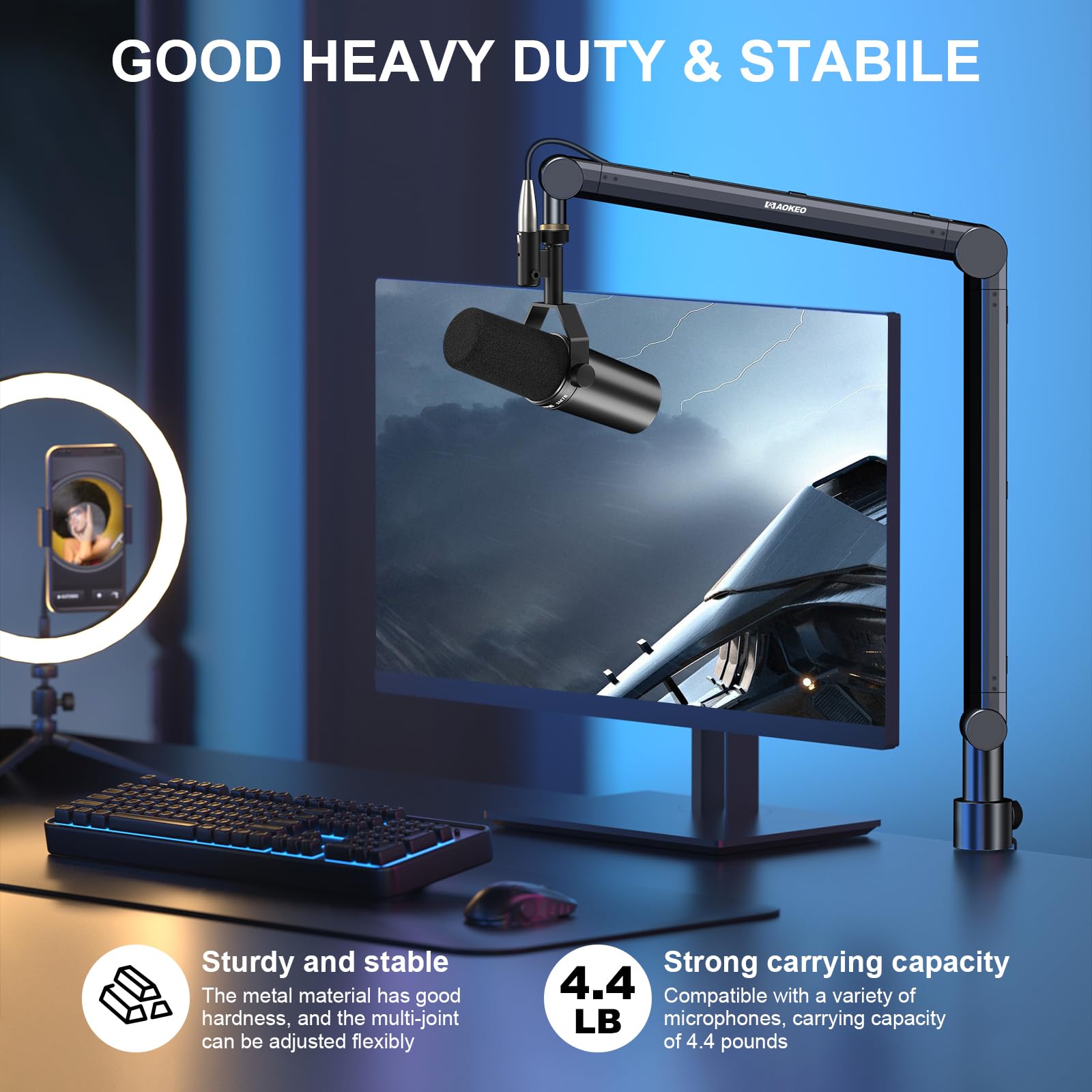 Aokeo Mic Arm, Boom Arm Microphone Stand Desk with Mount Clamp Cable Management Channels Detachable Riser 5/8'' Thread Adapter f
