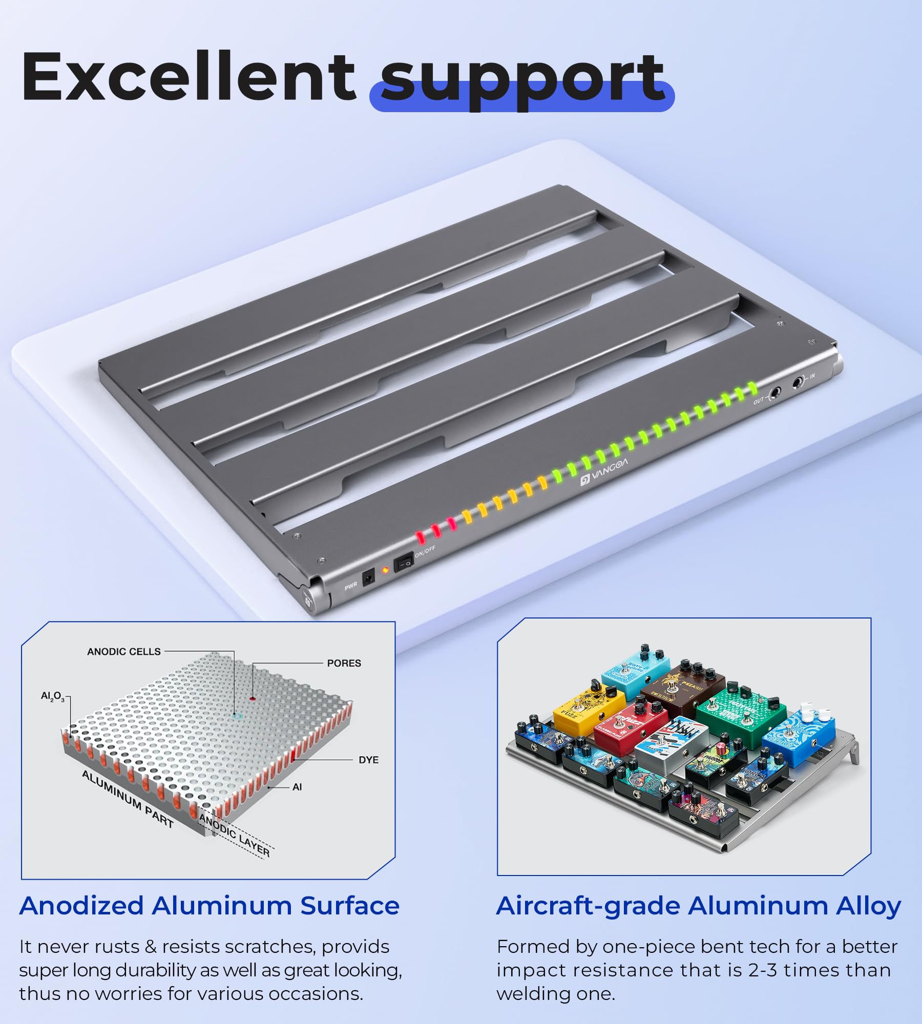 Vangoa Guitar Pedal Board with Isolated Power Supply, PD-M Aluminum One-Piece-Bent Portable Folding Powered Guitar Pedalboard wi