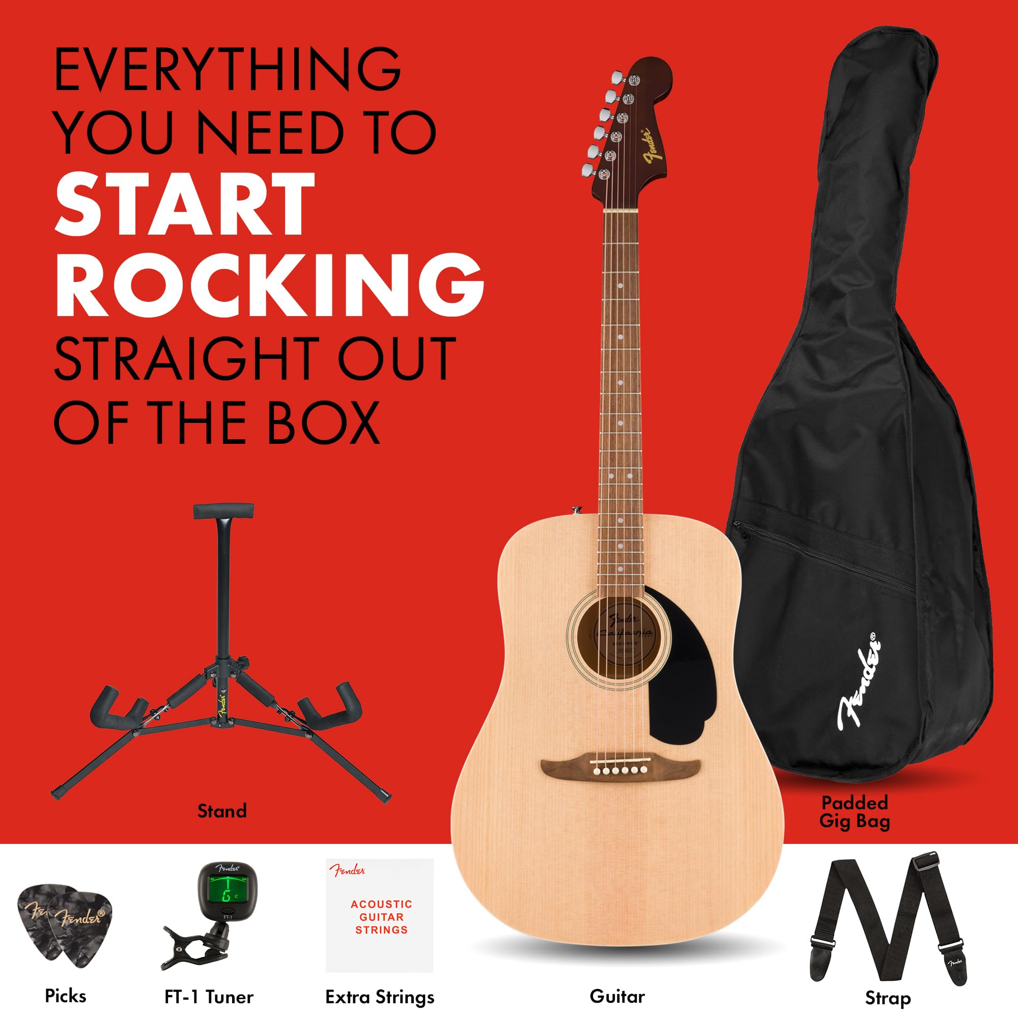Fender California Debut Redondo Series Acoustic Guitar Pack, Beginner Guitar, 2-Year Warranty, Includes Gig Bag, Stand, and More