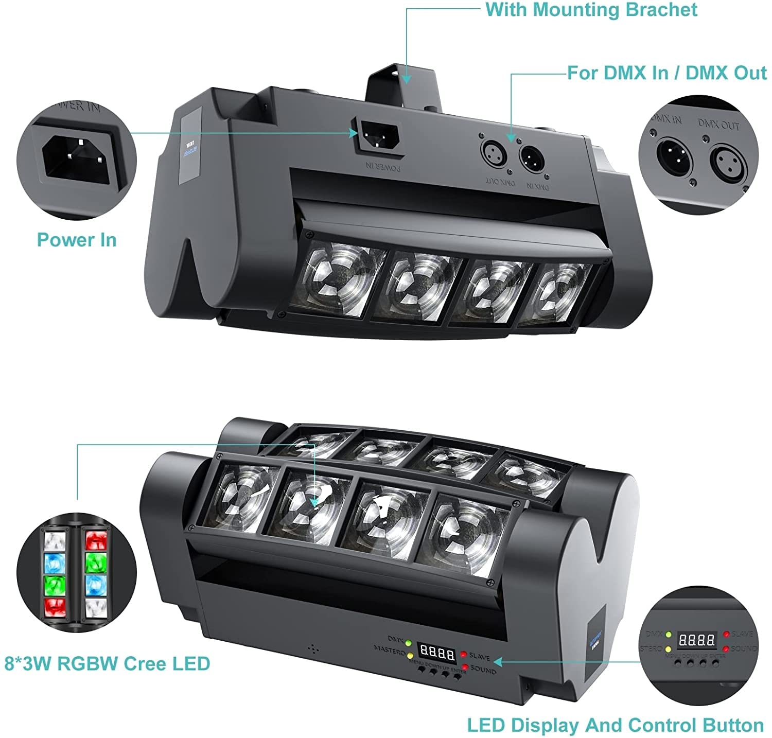 Seven Stars Moving Head DJ Light, 8 Beams Spider LED Stage Light, Master-Slave/DMX/Sound/Auto Control Modes, RGBW 4 in 1 Spotlig