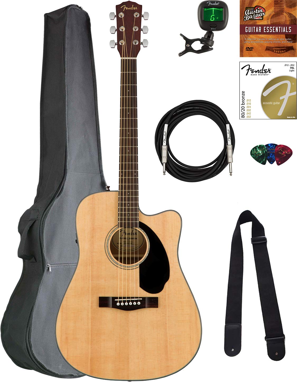 Fender Cd-60Sce Solid Top Dreadnought Acoustic-Electric Guitar - Natural Bundle With Gig Bag, Instrument Cable, Tuner, Strap, St