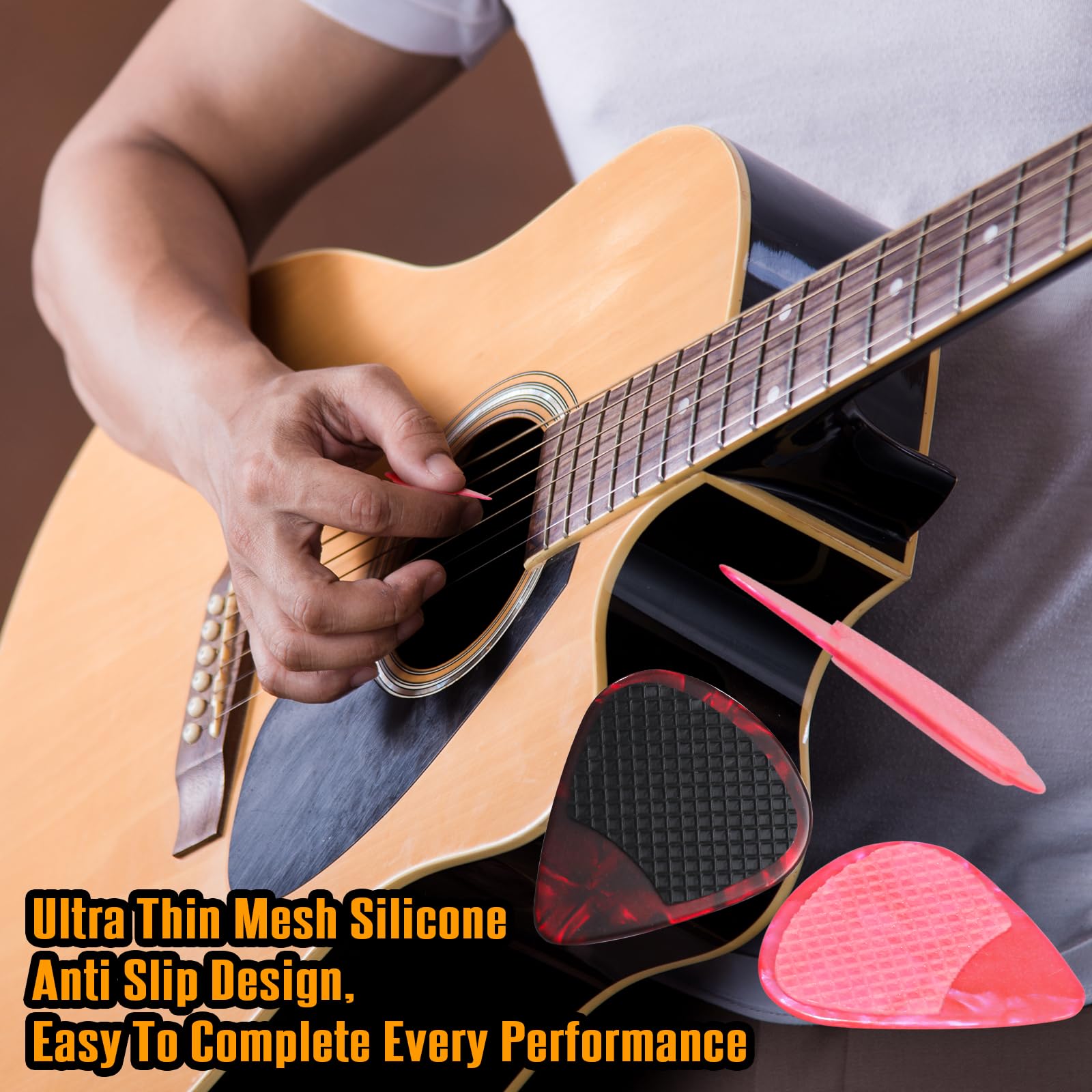60pcs Guitar Picks Grips, Anti slip Silicone Soft Grips with 10 Guitar Picks, Two Different Thicknesses Guitar Picks, Self-Adhes