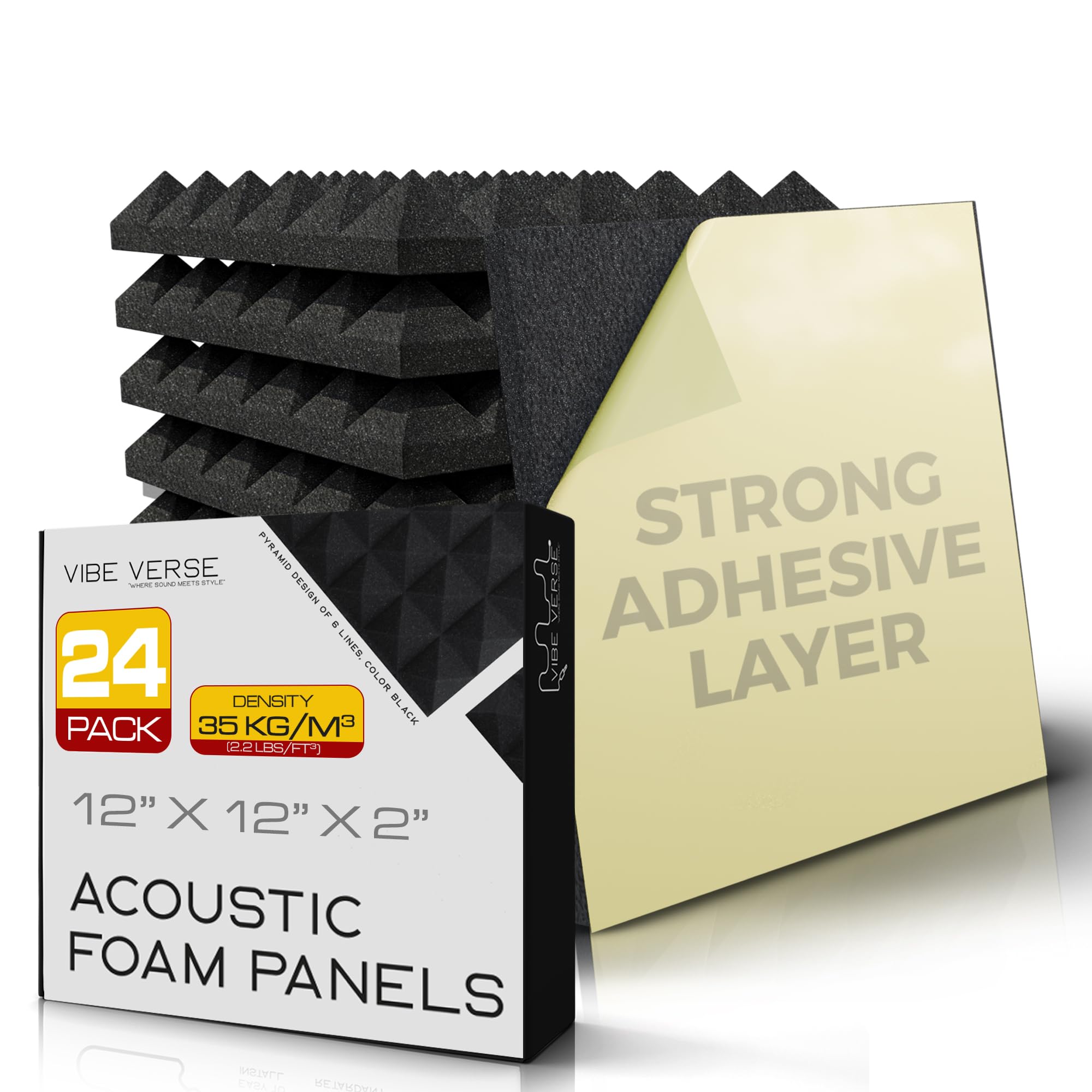 Vibeverse - 24 Pack Self Adhesive Acoustic Foam Sound Absorption Panels, 12'' X 12'' X 2'', Black Pyramid Of 6 Lines Design, 35