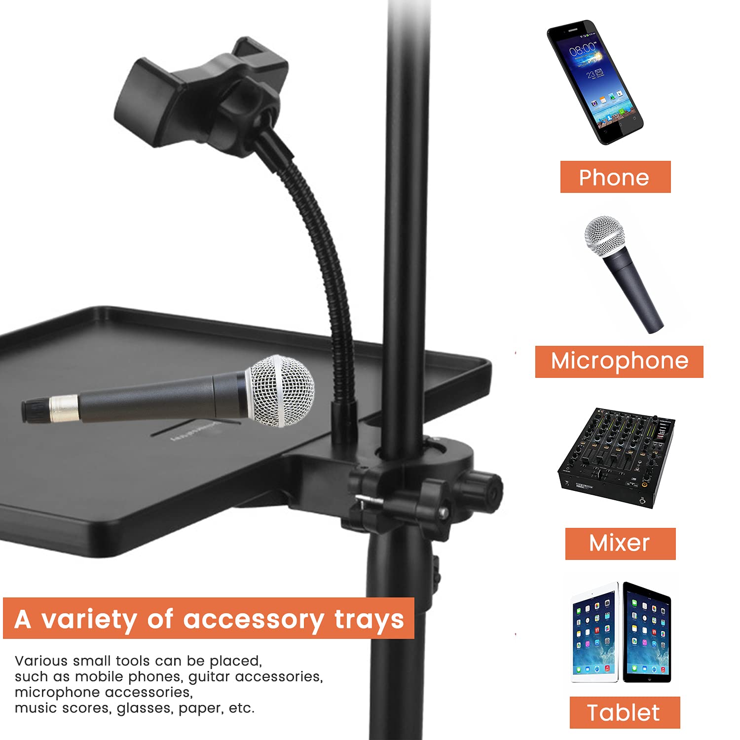Phone holder Microphone Stand Tray, Clamp-On Rack Tray,Cell Phone Stand for Music Sheet,Compatible with Most Microphones Stands