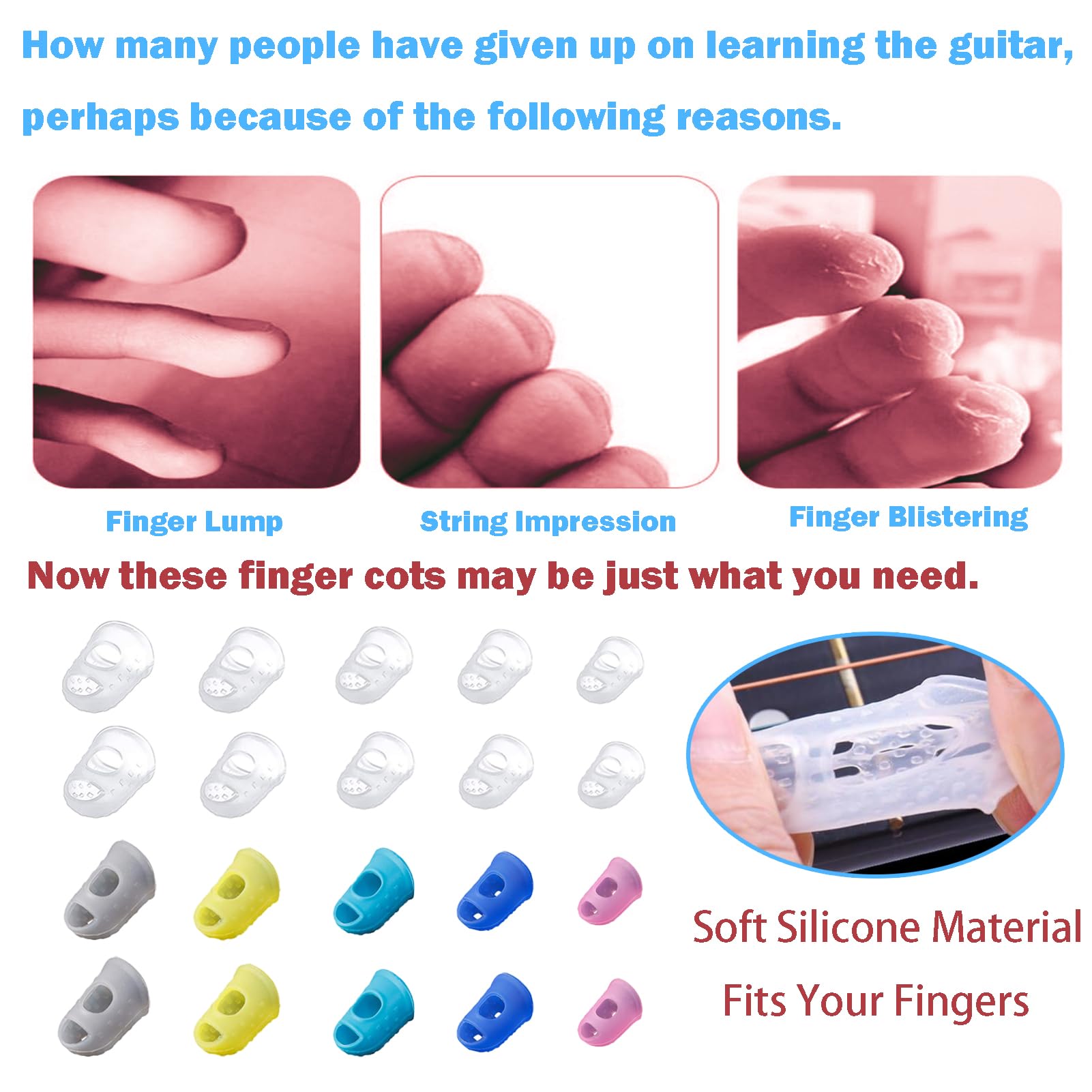 20 Pcs Guitar Fingertip Protectors Guitar Finger Guards Protection Guitar Silicone Covers Caps for Guitar Bass Ukulele With 2 Pc
