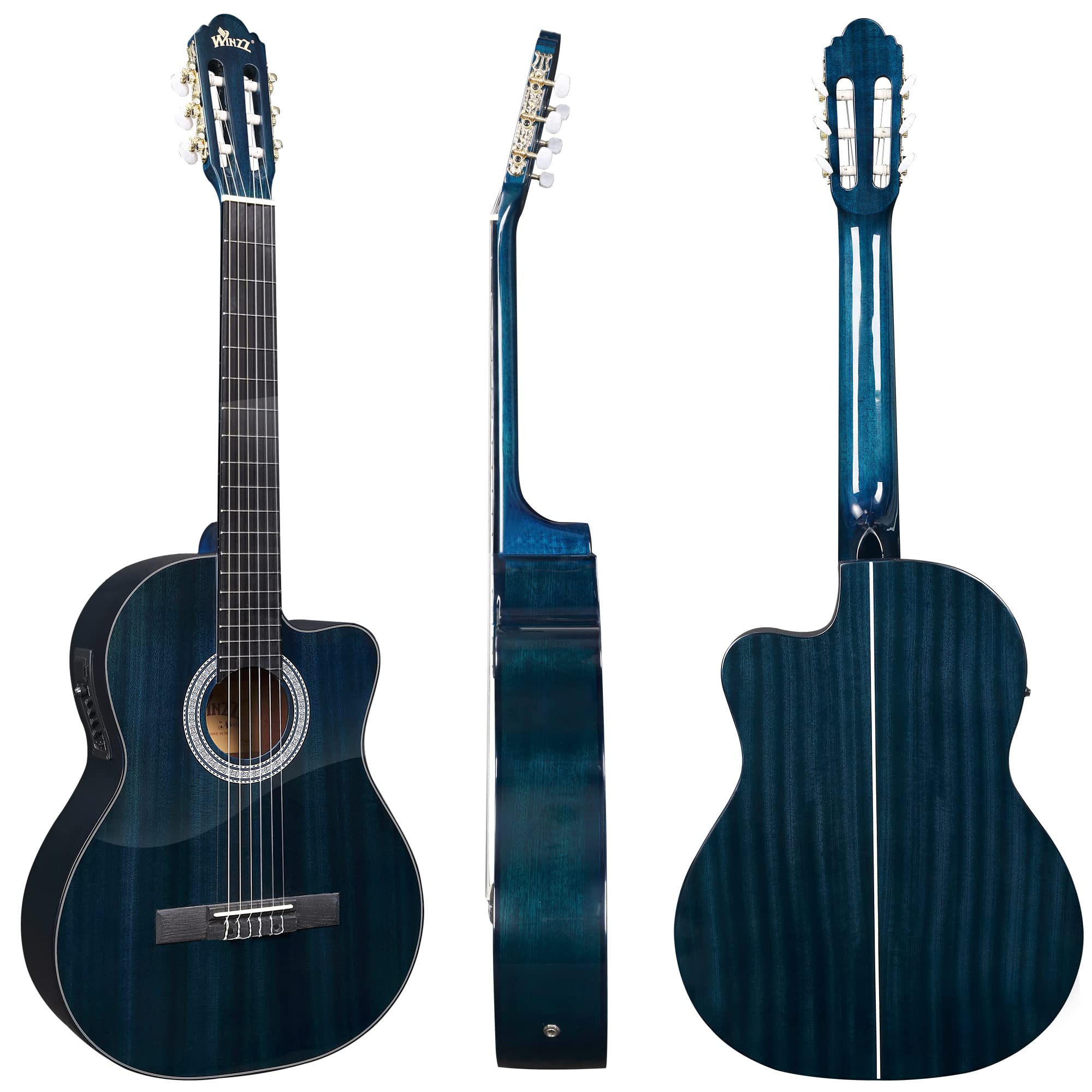 WINZZ AC309CE 39 Inches Cutaway Nylon-string Classical Electric Guitar Build-in Pickup Kit Set Online Lessons, Blue