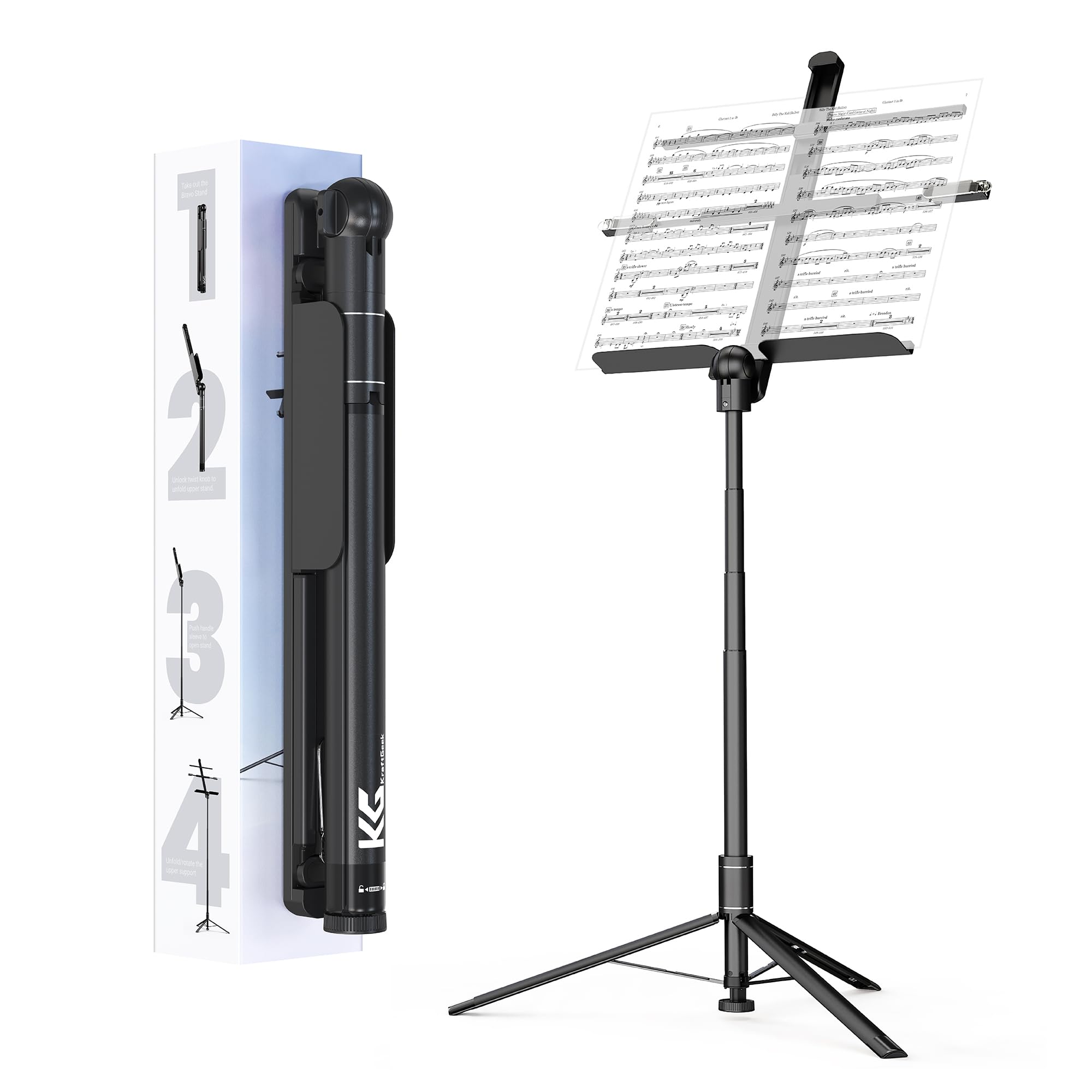 KraftGeek 66 Capsule Music Stand for Sheet Music, Portable and Folding Music Stand for Musicians and Instrument Players, Adjusta