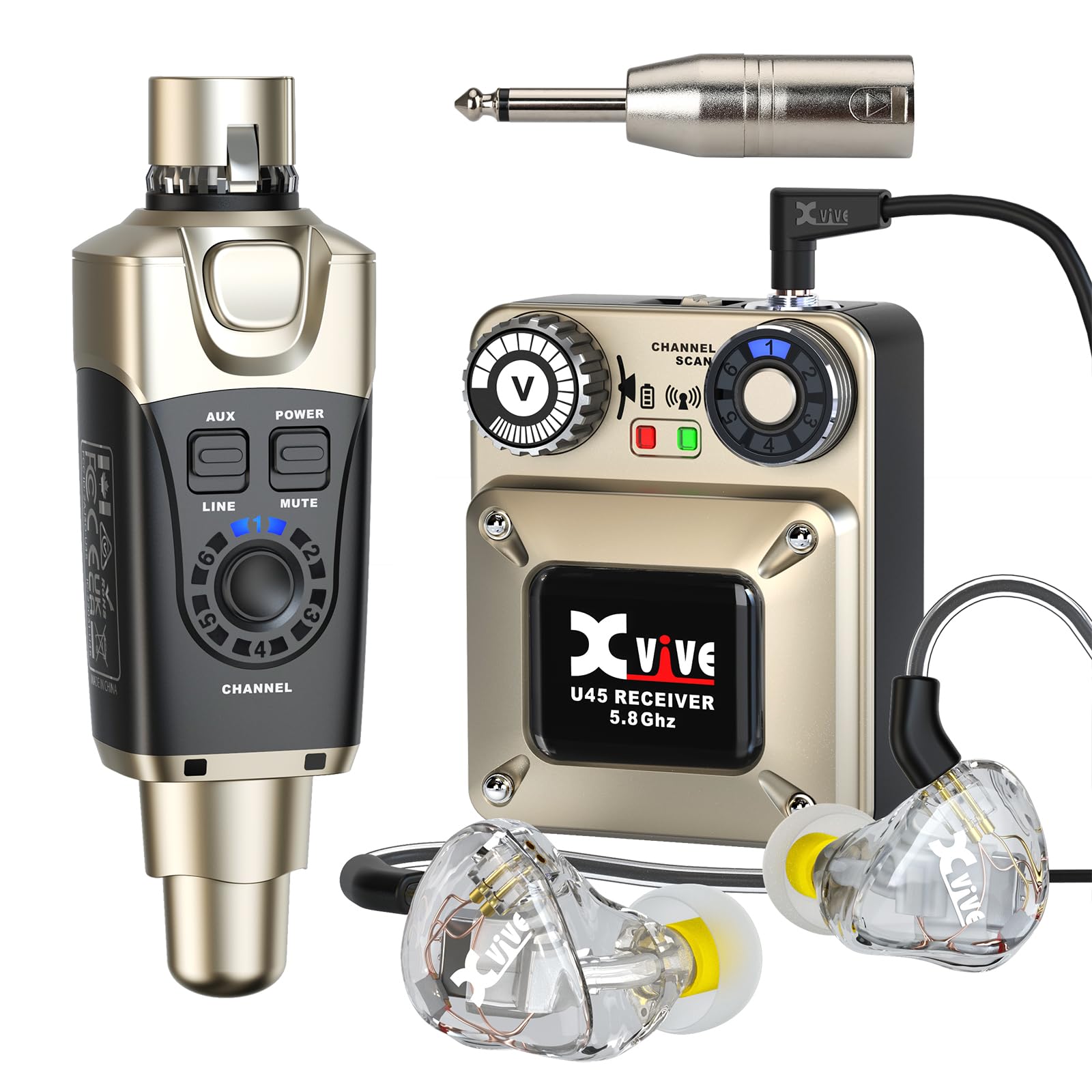 Xvive U45T9 Wireless in Ear Monitor System 5.8ghz with T9 2BA Drivers IEM Earphone, IEM System Transmitter and Bodypack Receiver