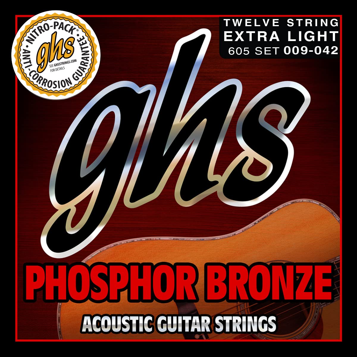 GHS Strings - Extra Light Phosphor Bronze 12 String Acoustic Guitar Strings - (605 Set) 009-042