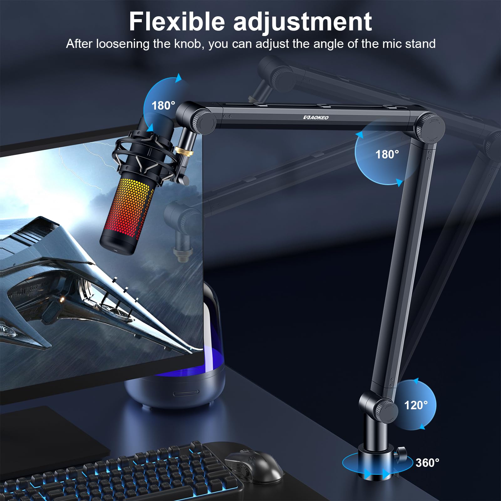 Aokeo Mic Arm, Boom Arm Microphone Stand Desk with Mount Clamp Cable Management Channels Detachable Riser 5/8'' Thread Adapter f