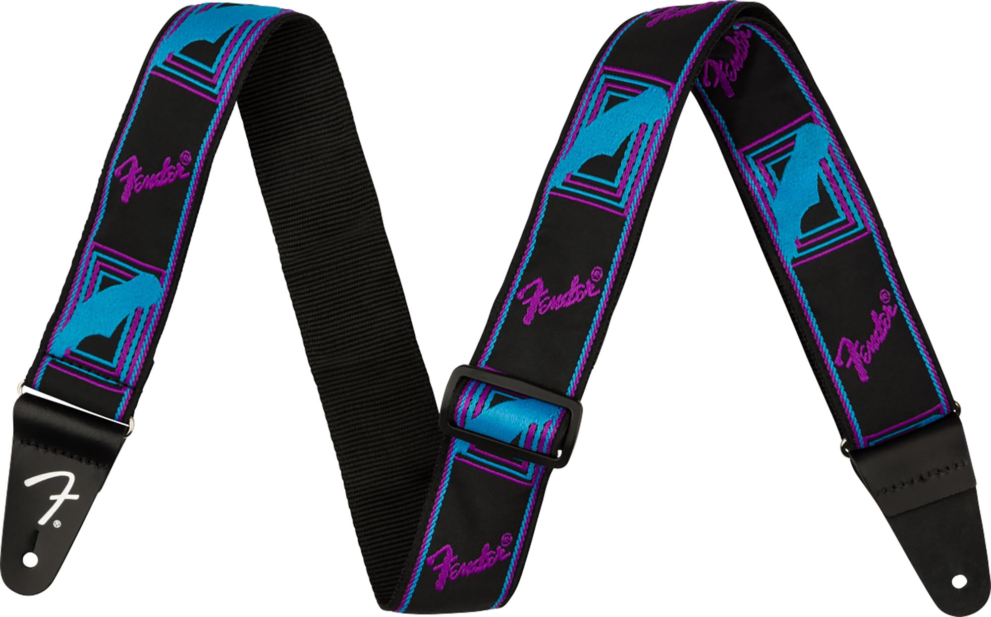 Fender Neon Monogrammed 2-Inch Guitar Strap - Blue and Purple Bundle with Strap Blocks and Picks