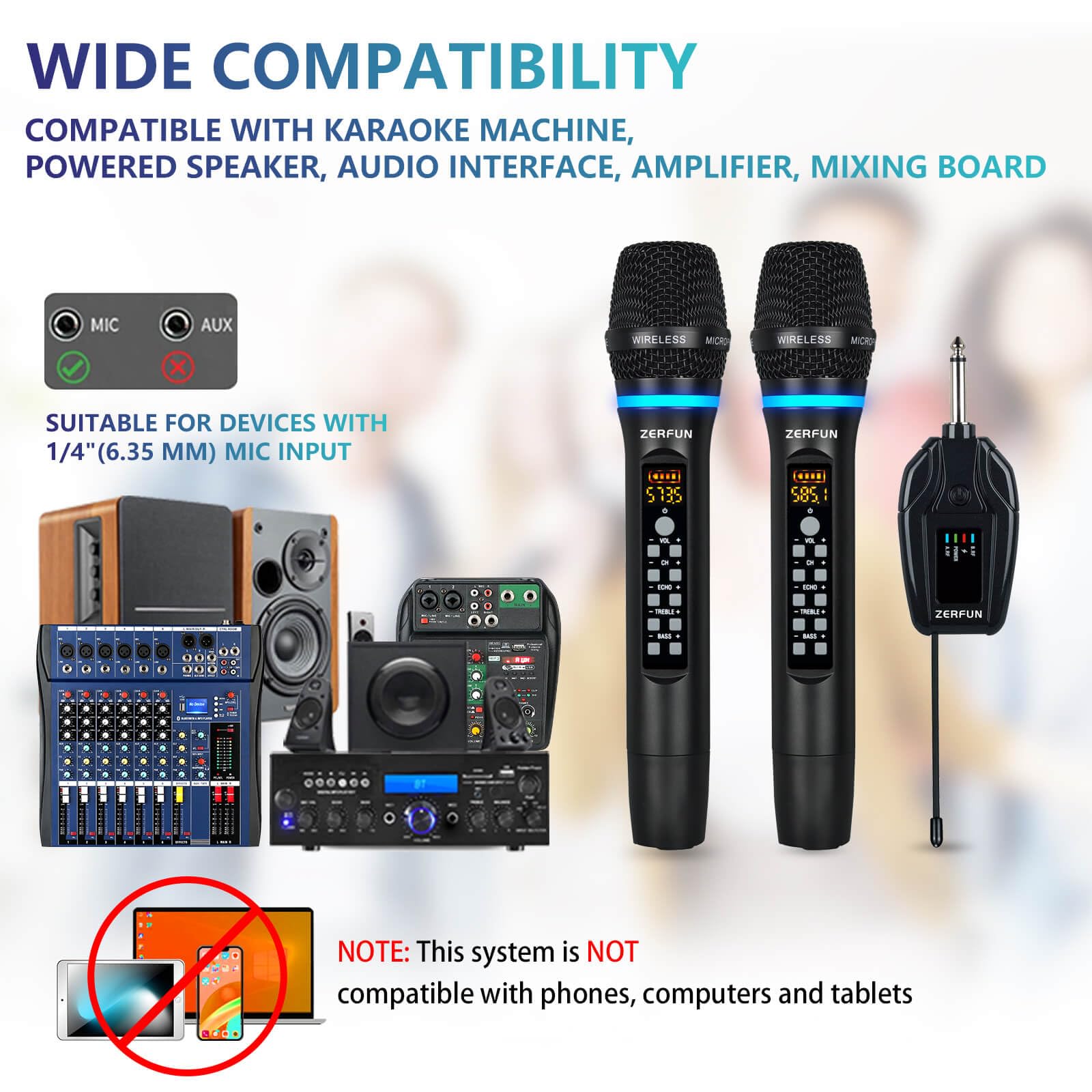 ZERFUN Dual Wireless Microphones Rechargeable, UHF Metal Wireless Mic System Cordless Microphone Professional with Echo Treble B