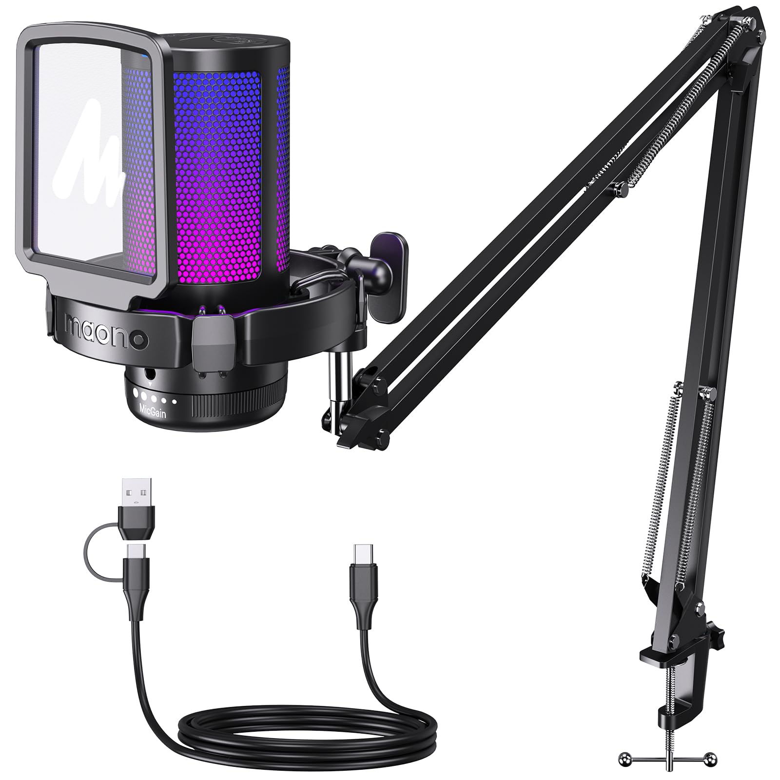 Maono RGB Condenser Gaming Mic with Noise Cancellation, USB Podcast Microphone with Adjustable RGB Lights, 1-Click Mute, Mic Gai