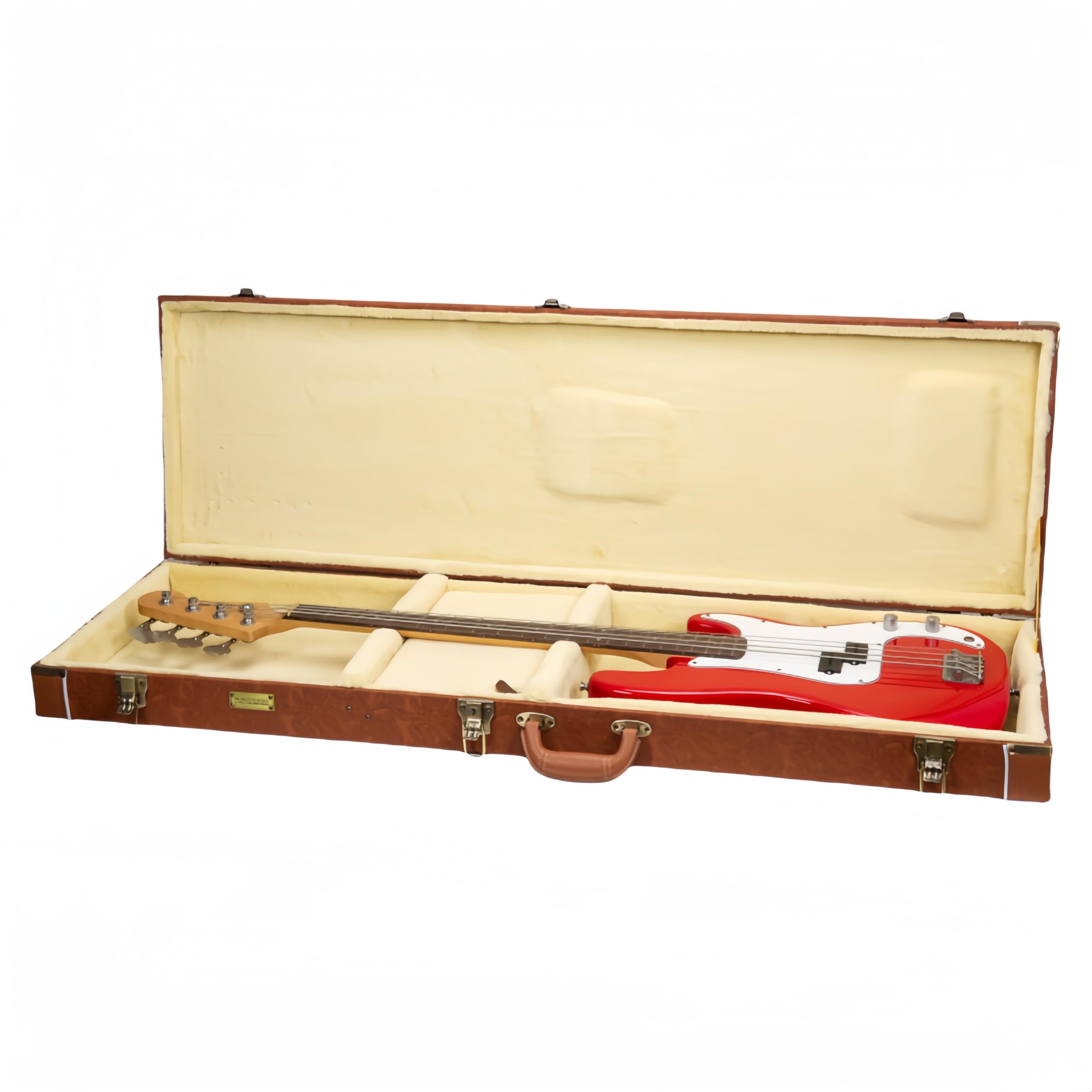 Crossrock Relief Series Bass Guitar Case For Fender Precision & Jazz | Carved Red Wood Finish, Ivory Plush Interior, Lock - Prem