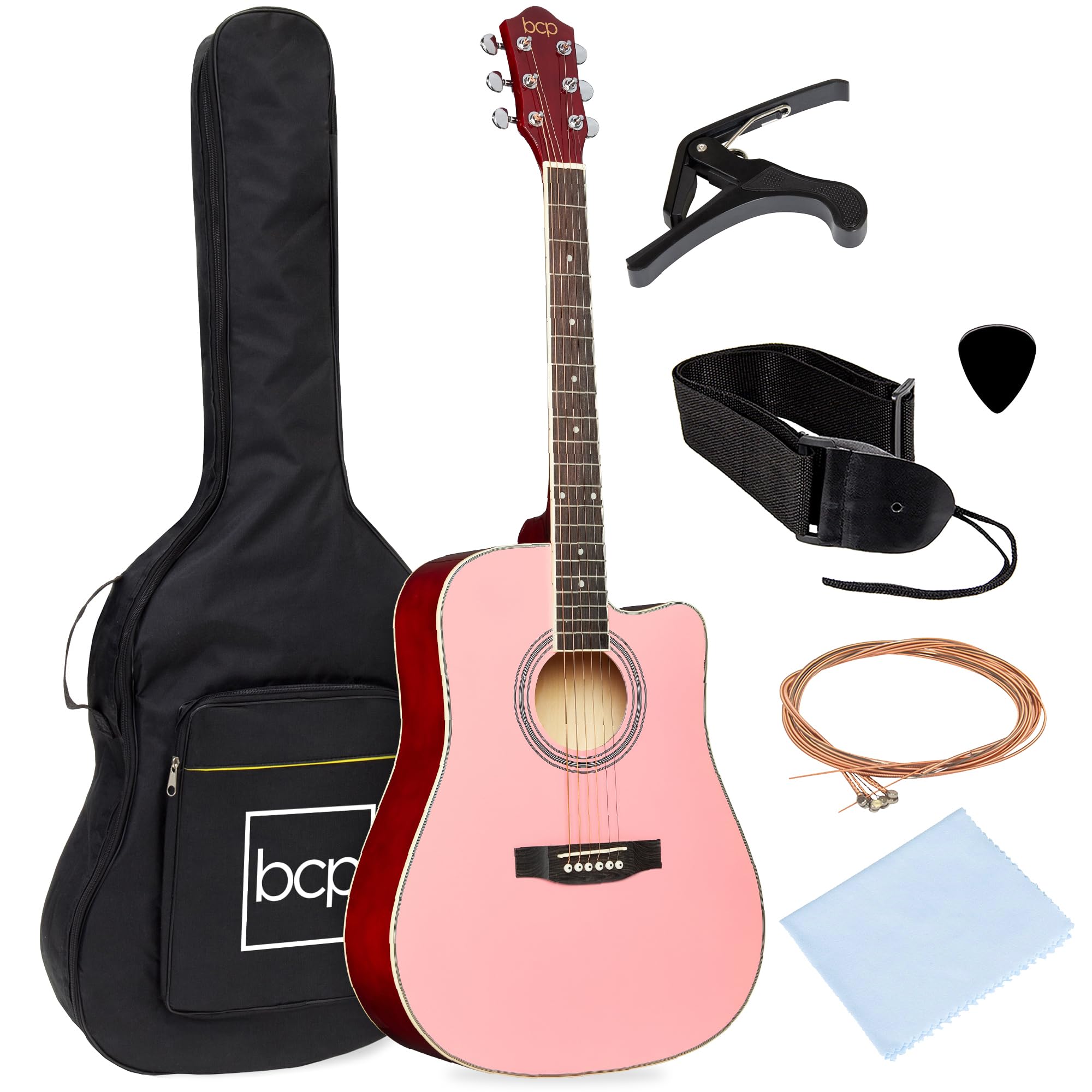 Best Choice Products 41In Beginner Acoustic Guitar Full Size All Wood Cutaway Guitar Starter Set Bundle With Case, Strap, Capo,