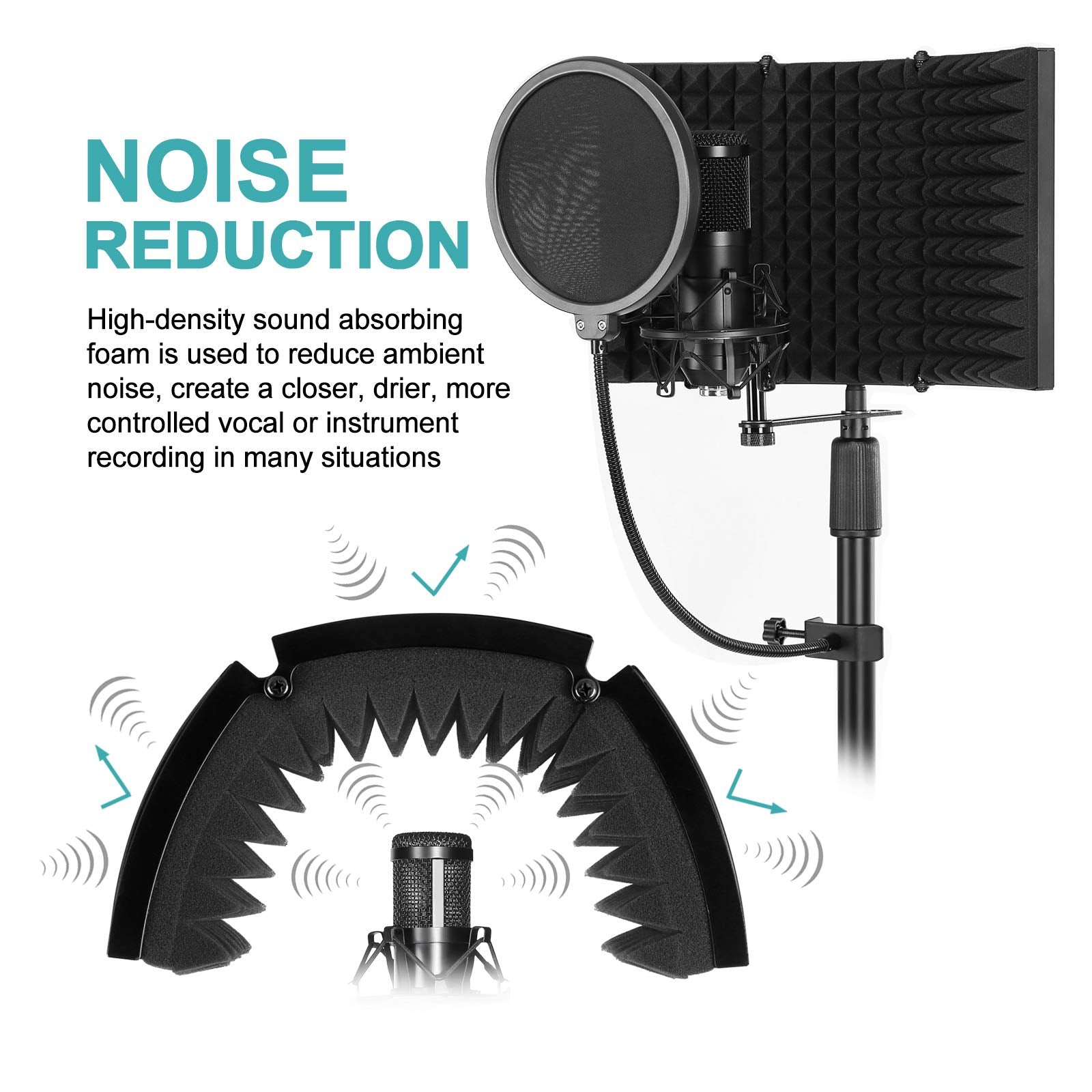 Upgraded Microphone Studio Recording Kit, AGPTEK Microphone Isolation Shield with Adjustable Tripod Stand, Pop Filter, for Vocal