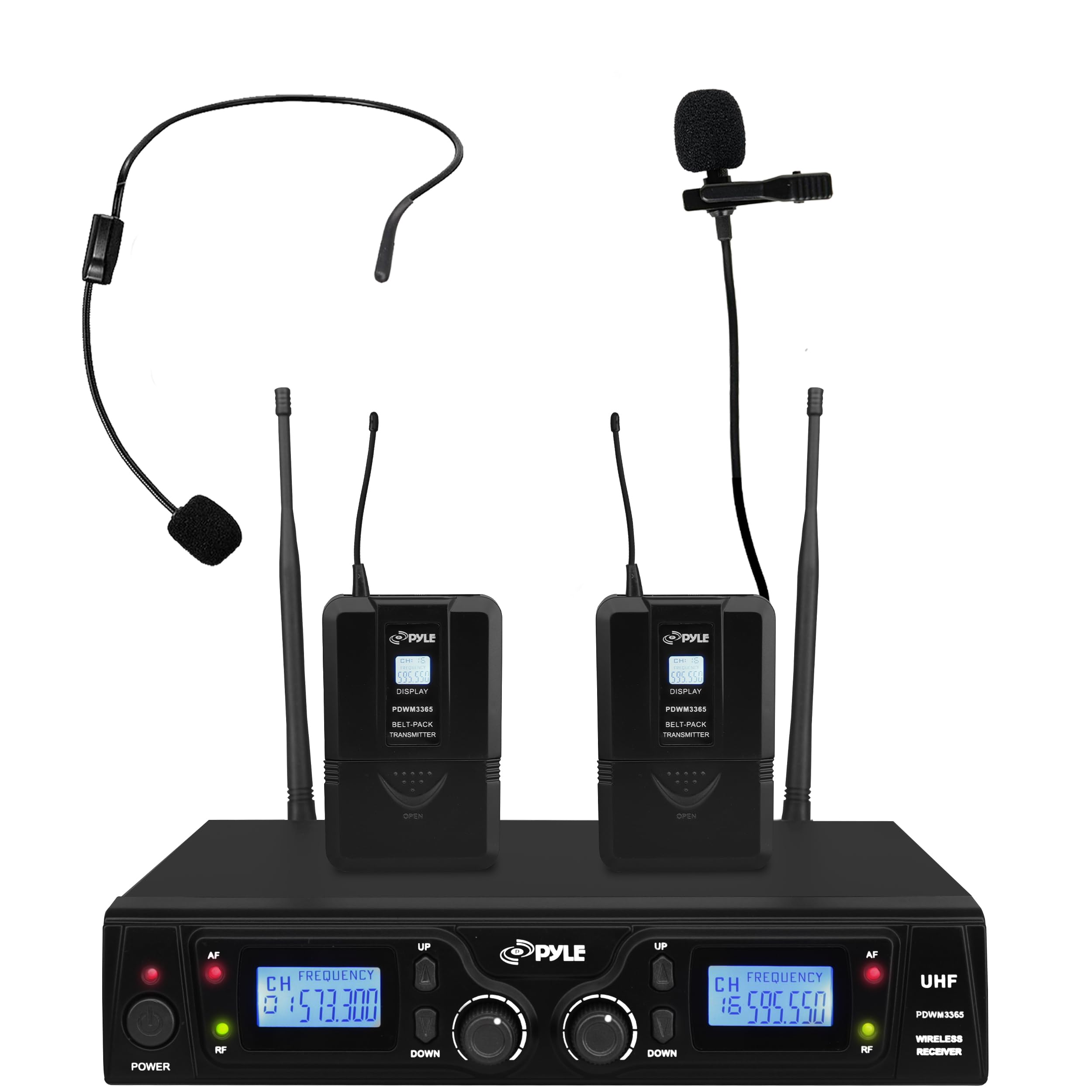 Pyle Uhf Wireless Microphone & Rack Mountable Receiver System 2 Belt Packs, 2 Lavelier/Lapel Mic Travel Case 16 Channel Frequenc