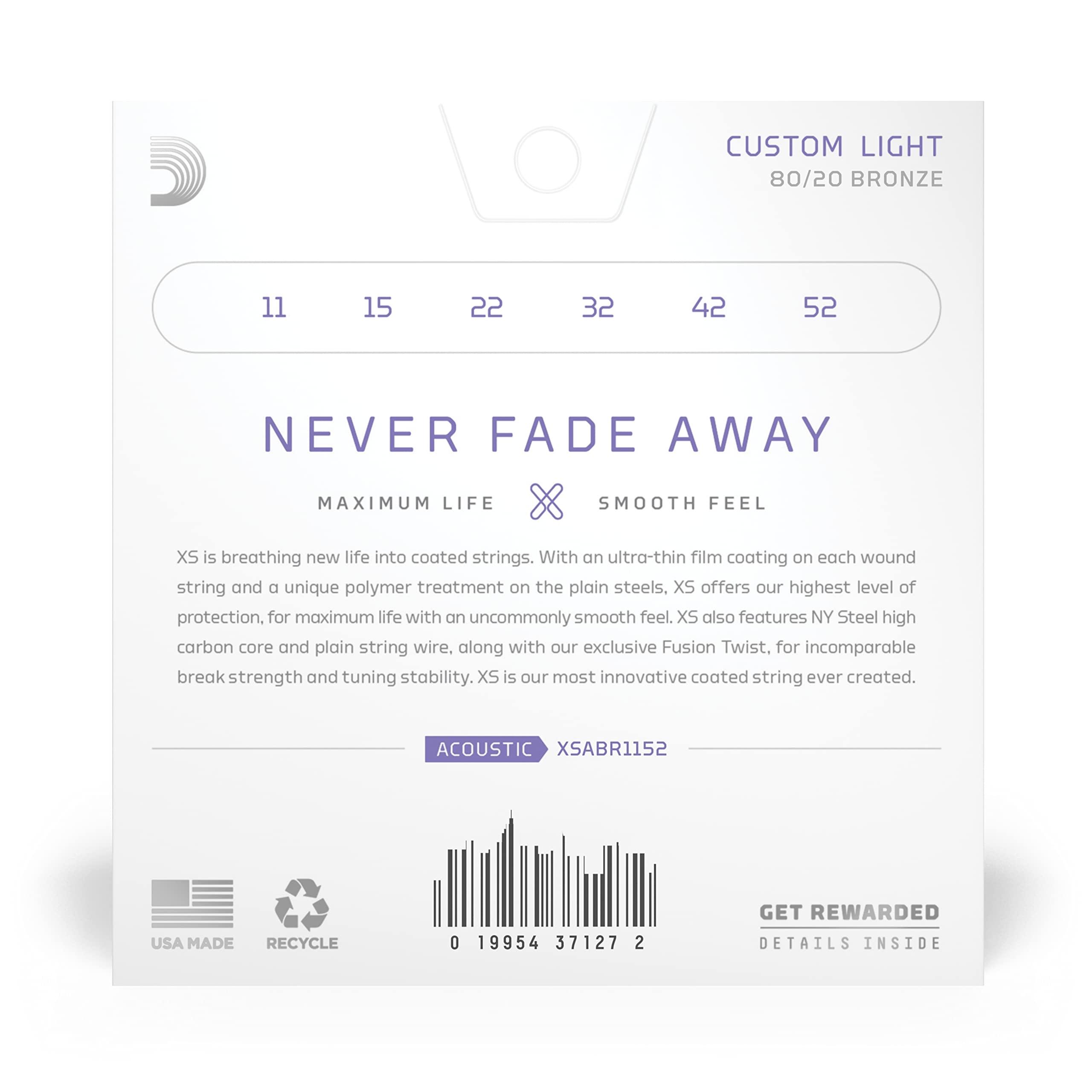 D'Addario Acoustic Guitar Strings, XS 80/20 Bronze Coated, XSABR1152, Custom Light Gauge 11-52, 6-String Set, Pack of 1