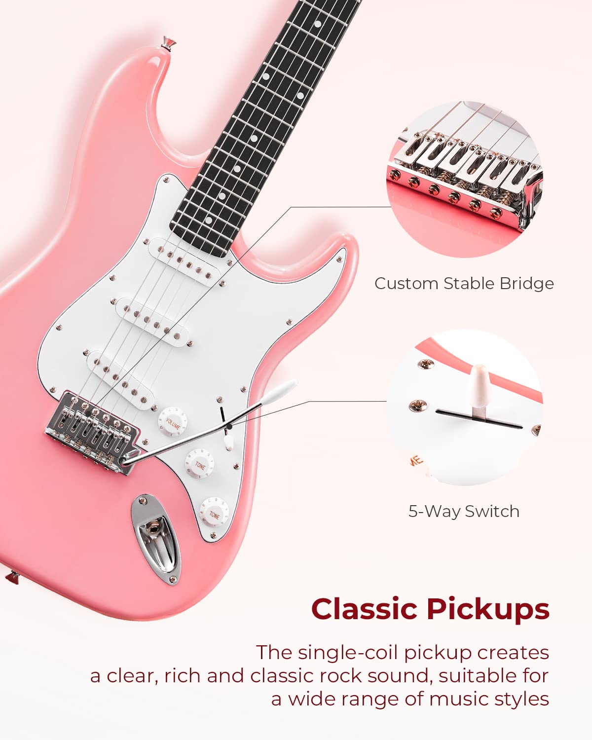 Vangoa 39 Inch Full Size Electric Guitar Beginner Kit Solid Body Pink with Amp, Package with Bag, Tremolo Bar, Strings, Tuner, P